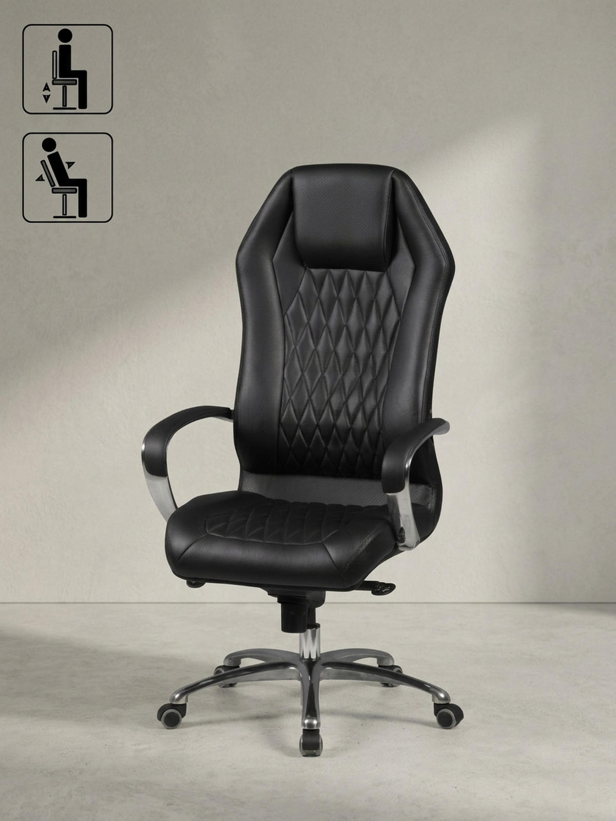 CHEFSESSEL Echtleder mit Multiblockwippmechanik, Lendenwirbelstütze und Aluminiumfußkreuz MILANO, Schwarz 70x67x136 cm - Silberfarben/Schwarz, Leder/Metall (70/136/67cm) - KADIMA DESIGN