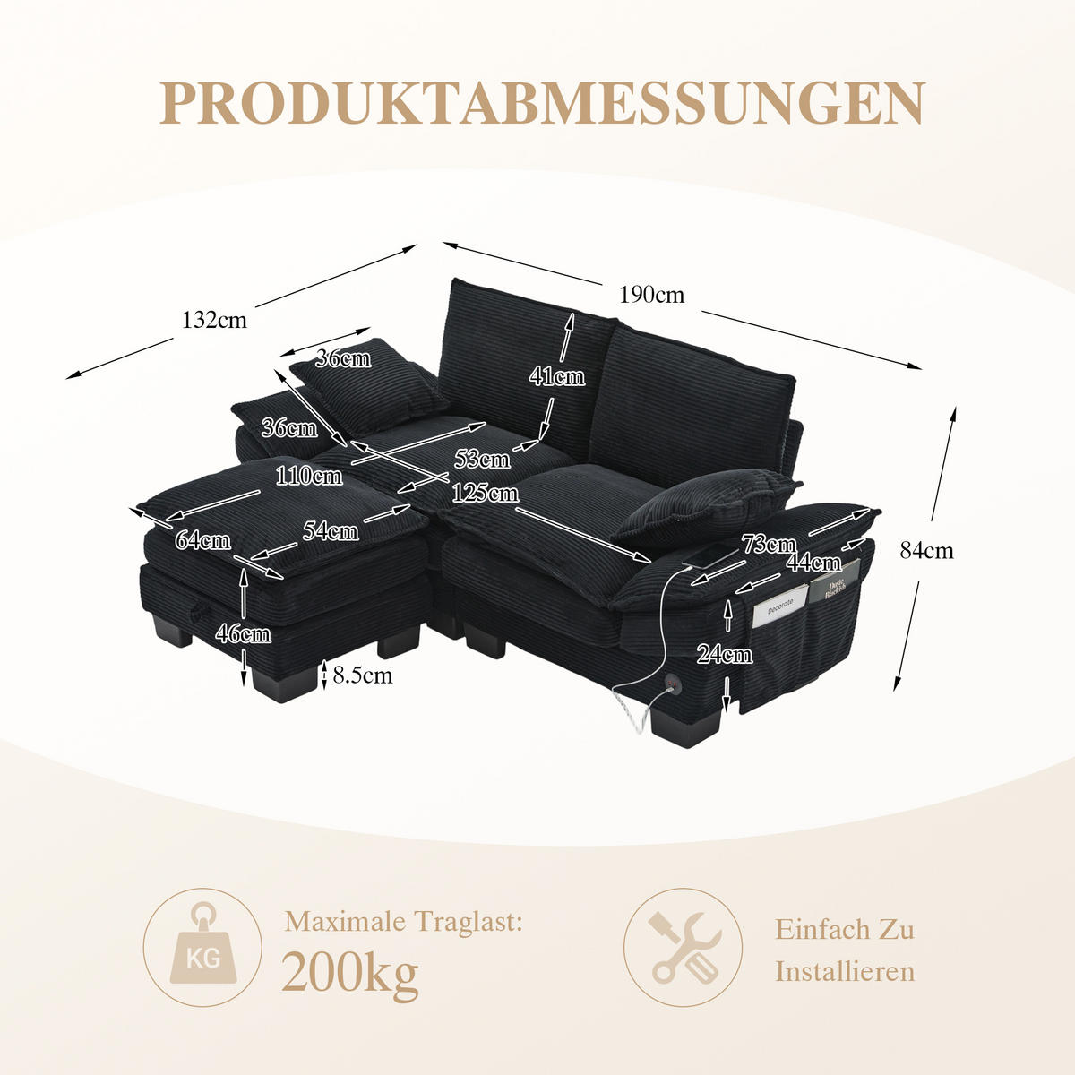 2-SITZER Sofa aus Corduroy 190x132x84 cm mit Hocker & USB-C, schwarz - Schwarz, Textil (132/84/190cm)