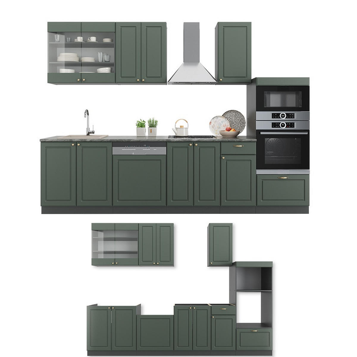 KUHINJA Fame-Line Zeleno-zlato Country House/Anthracite 300 cm z visoko omaro, brez delovne plošče - zelena/antracit, leseni material (300/153.6/46cm) - Vicco