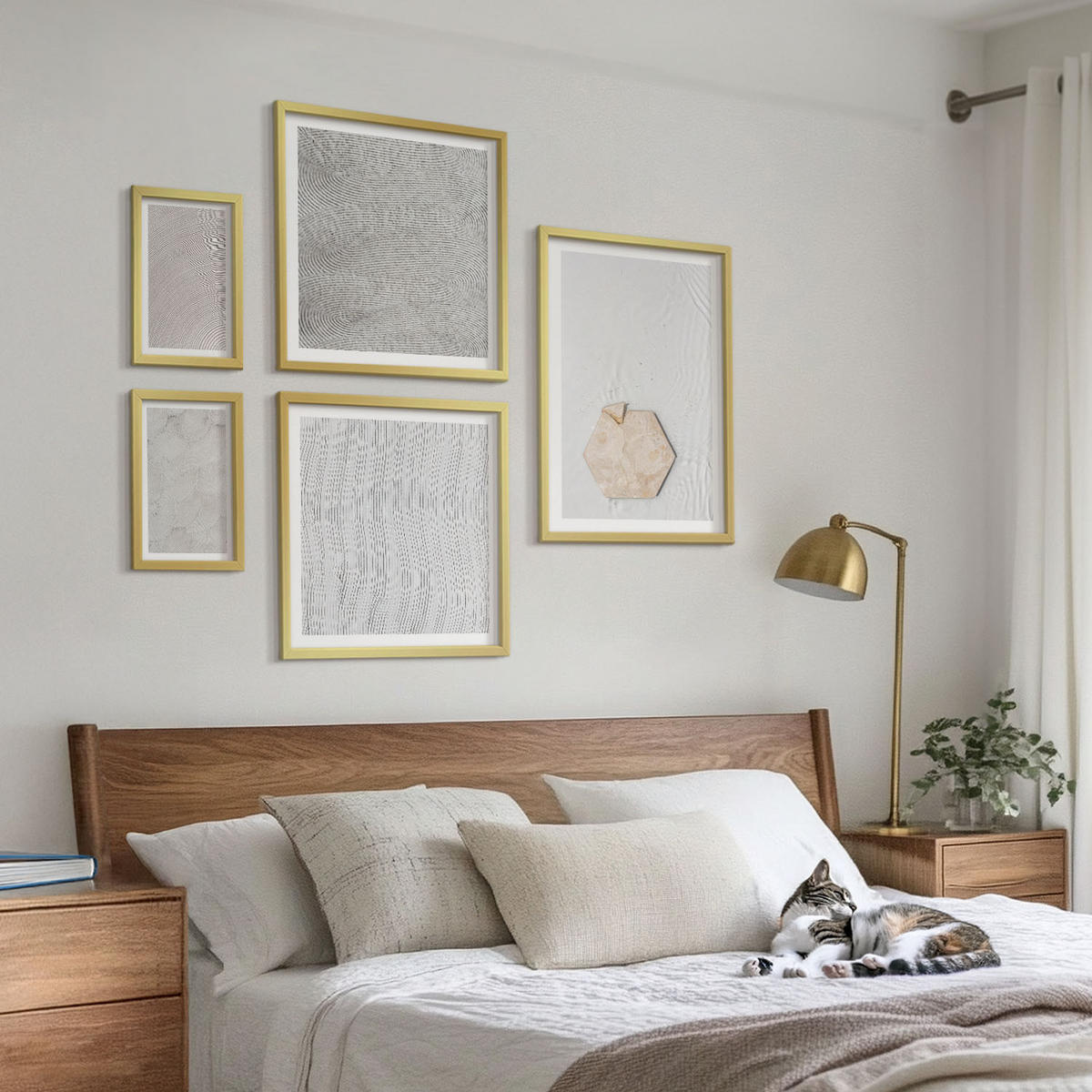 BILDER SET 5er Set - 50x50 cm & 20x30 cm & 40x60 cm Goldrahmen - Leichte Boho-Sandtexturen - Goldfarben, Kunststoff (40/60cm) - TULUP
