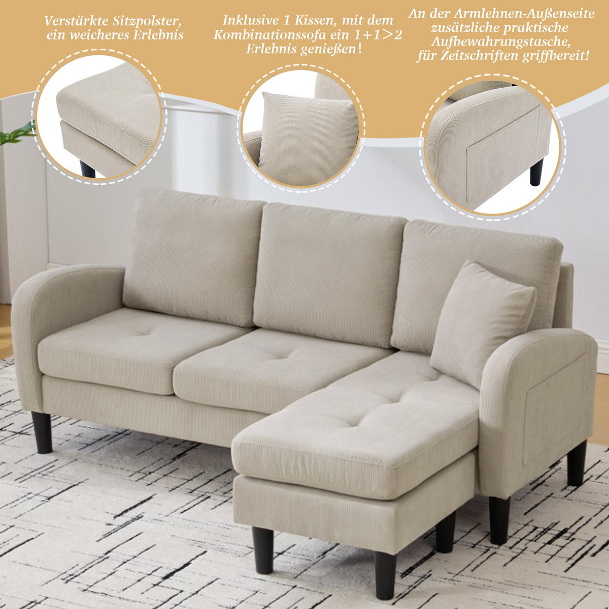 ECKSOFA Cordbezug mit modularer Chaiselongue Hellbraun 166/118/77 cm - Hellbraun, Textil (166/118cm) - Redom