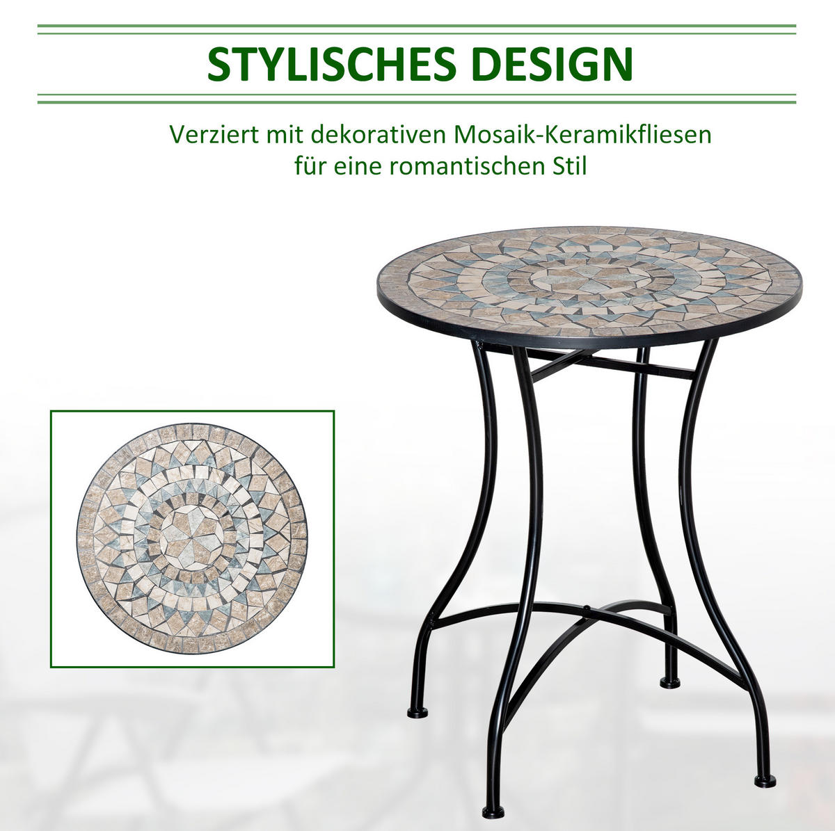 GARTENTISCH Ø60x71 cm Schwarze mit Mosaikplatte & Metallgestell - Naturfarben, Keramik (60/60/71cm) - Modfu