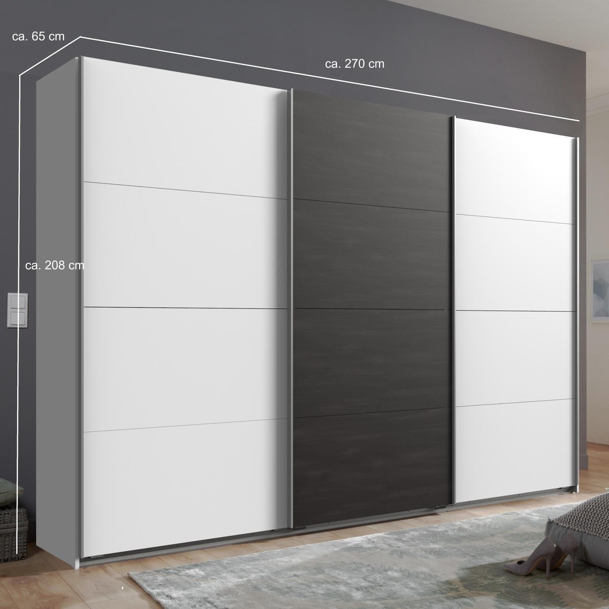 SCHWEBETÜRENSCHRANK 3-türig B270/H208/T65 cm Weiß mit Mitteltür in grauer Stahl-Optik / 22003 - Alufarben/Weiß, Holzwerkstoff/Metall (270/208/65cm) - luma-home