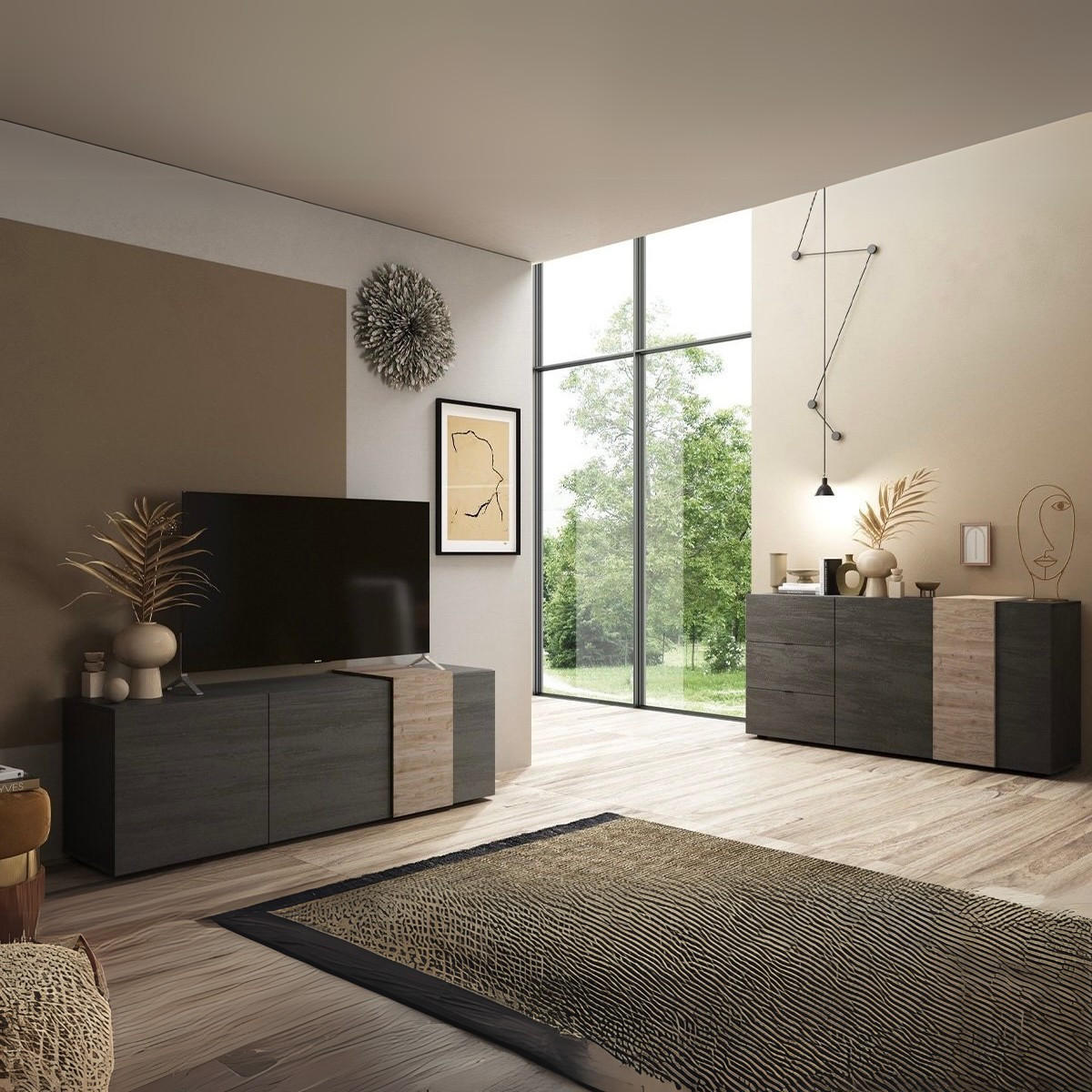 TV-MÖBEL 3 Schwingtüren Pluton - L181 cm - Apfelbaumfarben, Holzwerkstoff (44/57/181cm) - Calicosy