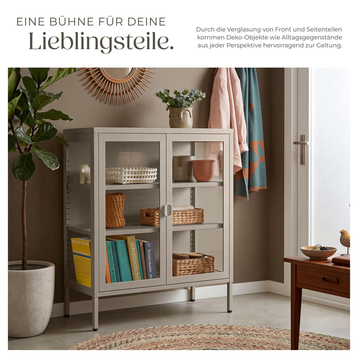 METALLVITRINE Baker, Kippschutz, höhenverstellbare Füße, taupe - Taupe, Metall (80/90.5/37cm) - tectake