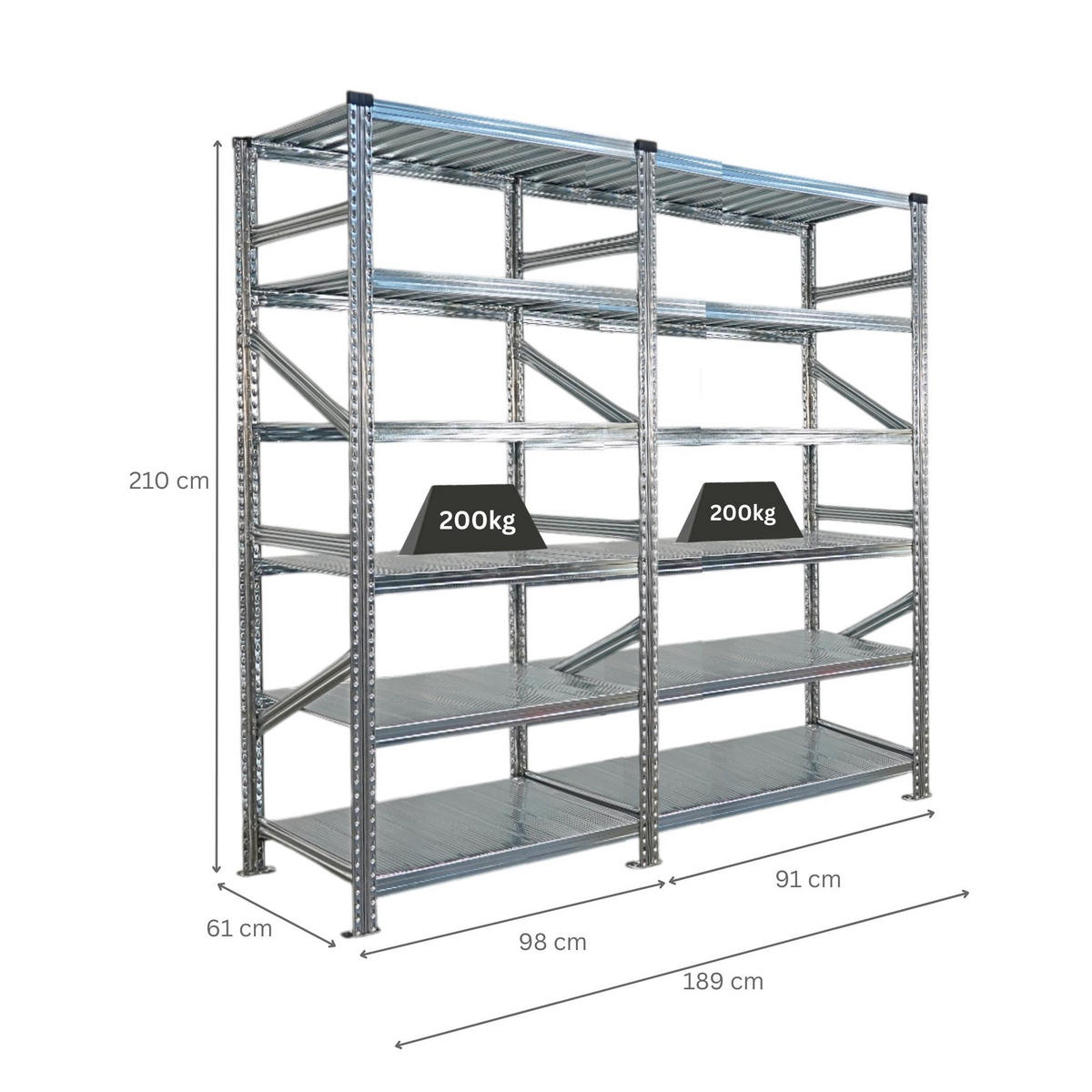 FACHBODENREGAL Proximo Stecksystem 210x180x60cm 6 Ebenen Beidseitig nutzbar Verzinkt - Silberfarben, Metall (180/210/60cm) - PROREGAL