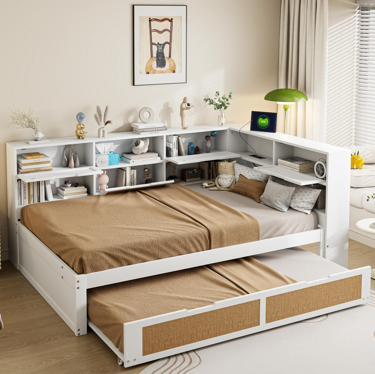 BETT aus Massivholz mit Ausziehbett und USB-Anschlüssen Weiß 140/200 cm - Weiß, Holz (140/200cm) - OKWISH