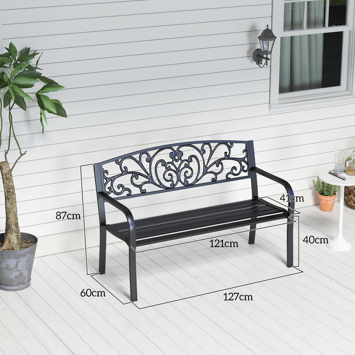 WETTERFESTE SITZBANK, bis 250 kg Belastbar, 127cm x 60cm x 87cm, Metall, Schwarz - Schwarz, Metall (60/87/127cm) - Outsunny