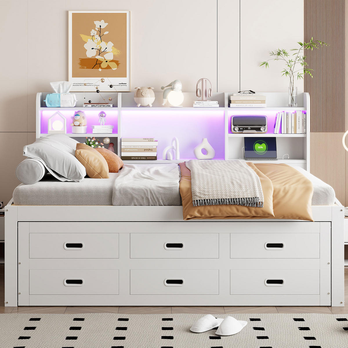 TAGESBETT 140x200cm Weiß LED Schubladen USB-C Nachttisch Klappbar Ausziehbar - Weiß, Holz (140/200cm) - FLIEKS