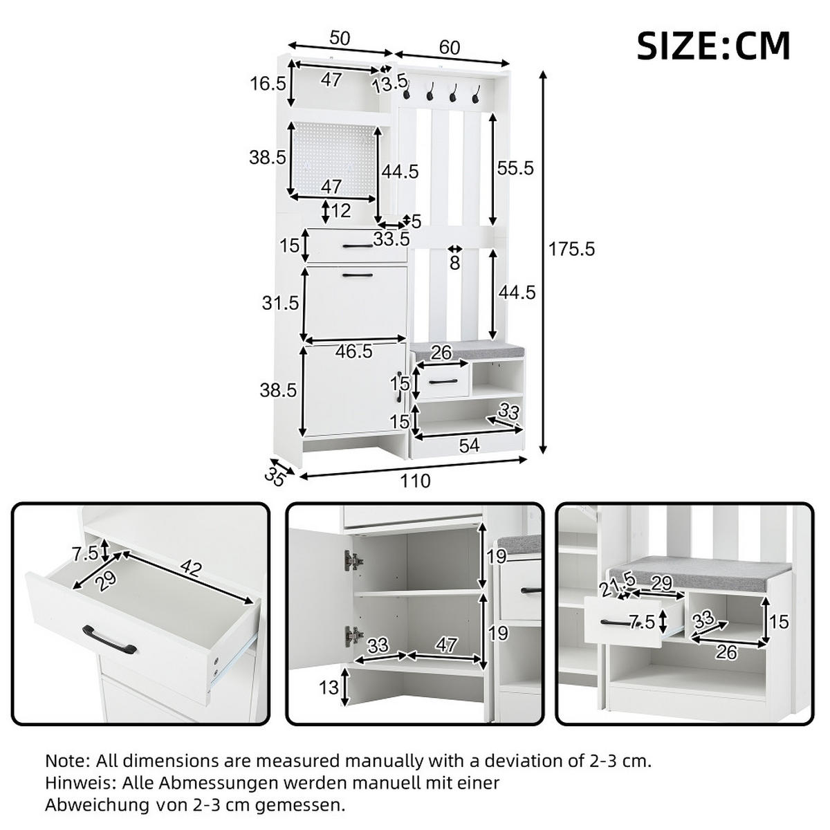 KÜCHENSCHRANK 7-in-1 Multifunktion, mit Schuhbank und Lochwand, Weiß, 110/175,5/35 cm - Weiß, Kunststoff (35/175.5/110cm) - Rolipo