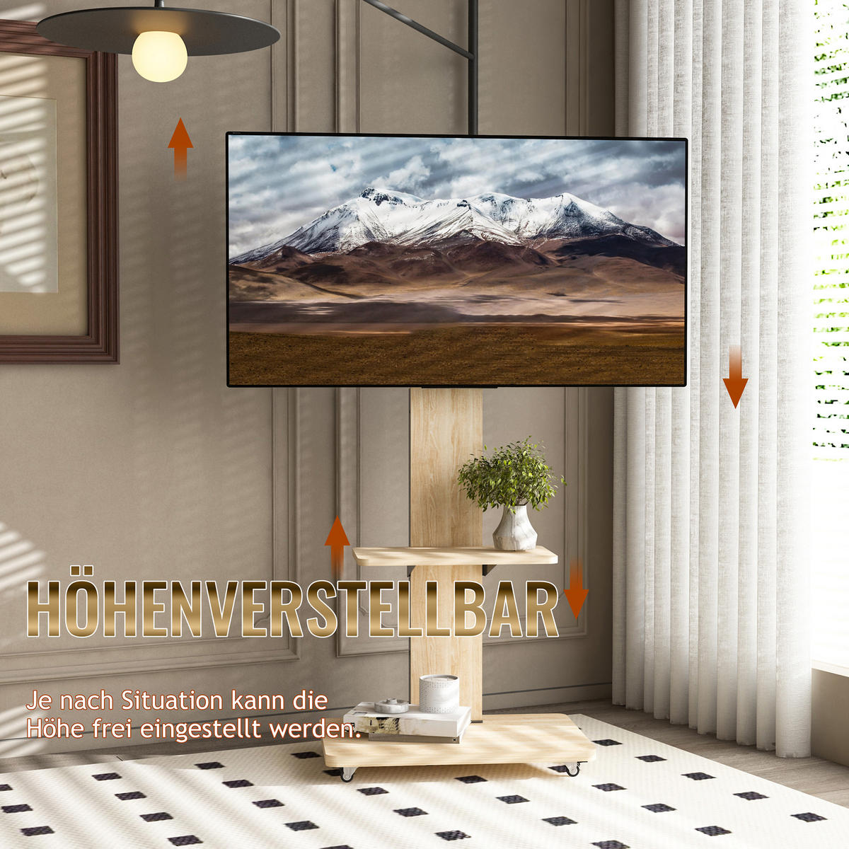 TV-ELEMENT 60/40/114-174 cm Naturholz mit Ablagefach und feststellbaren Rollen - Naturfarben, Holz (60/174/40cm) - Oxeza