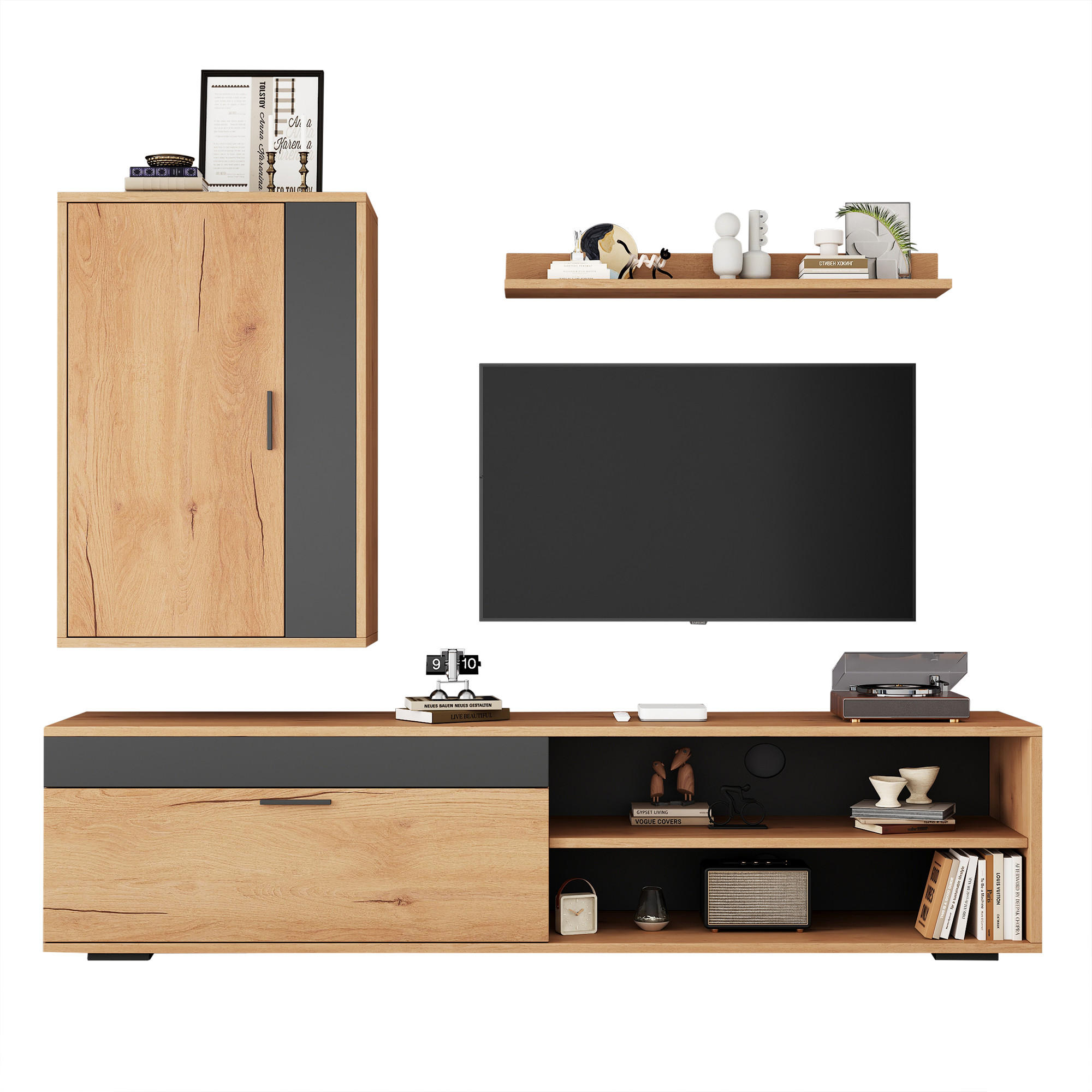 WOHNWAND 3-teilig TV Schrank Holz Schwarz 140cm - Eichefarben, Holzwerkstoff (140/39/35cm) - FLIEKS