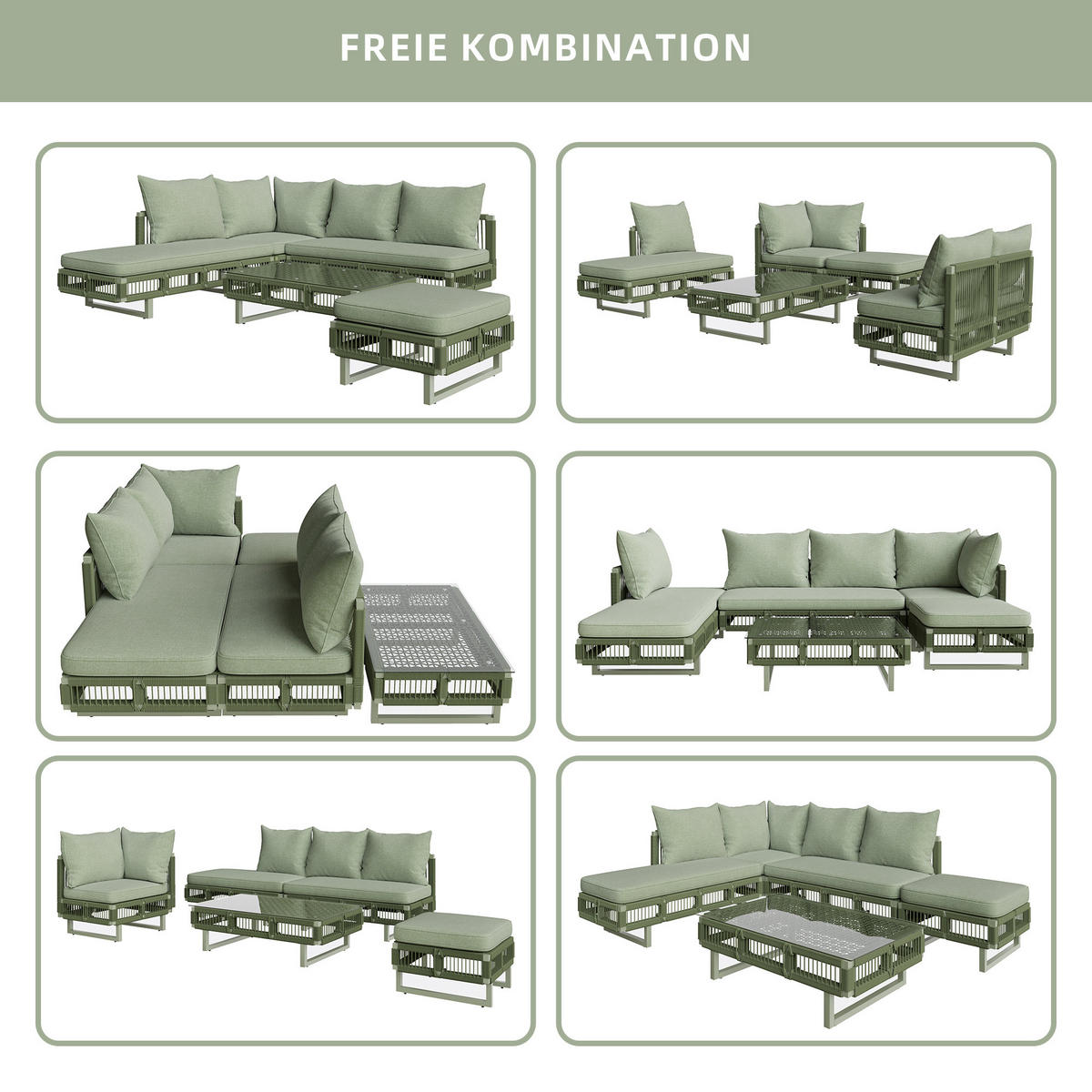 LOUNGESET, Seilgeflecht, Verstellbare Füße, Glas-Couchtisch, Grün - Grün, Metall - FLIEKS