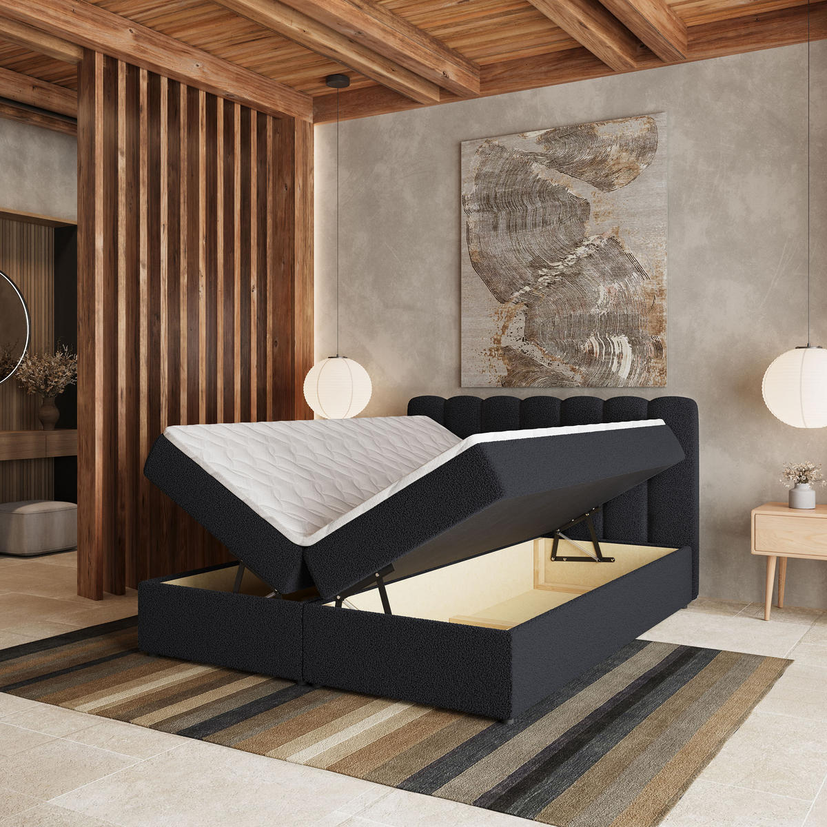 BOXBETT SOLIA 140x200 cm mit Matratze und Topper, H2+H3 - Schwarz - Schwarz, Holz (140/200cm) - MASSENO