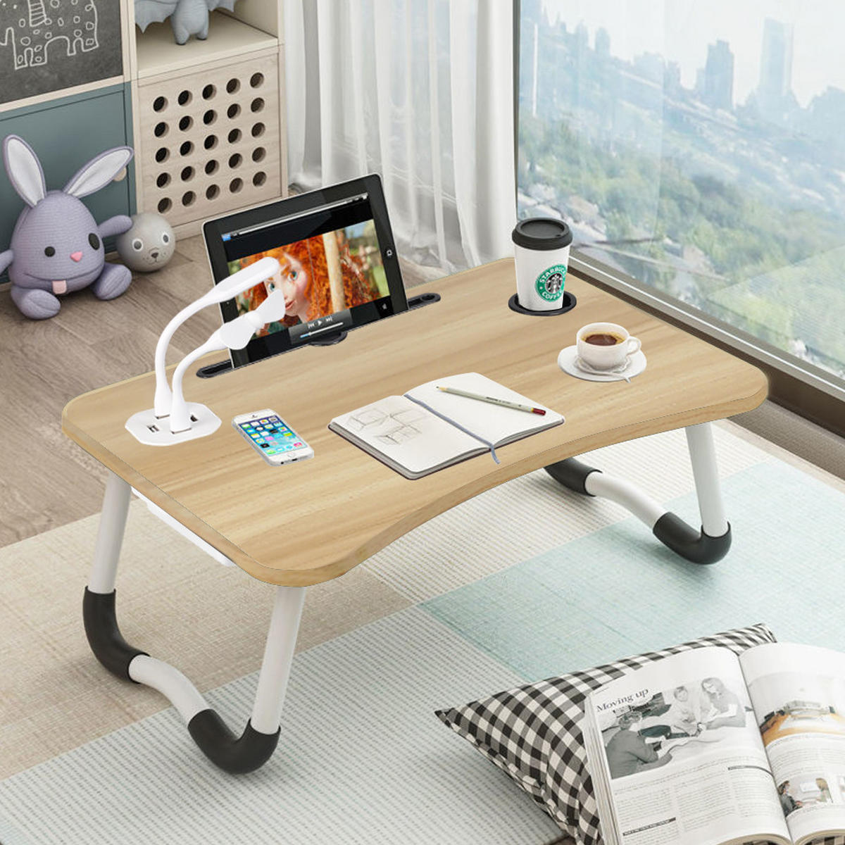 LAPTOPTISCH mit USB-Anschlüssen aus MDF und Eisen in Holzoptik Getränkehalter Klappbarer für Bett und Couch 60 x 40 x 28cm - Naturfarben, Metall (40/60/28cm) - Livingandhome