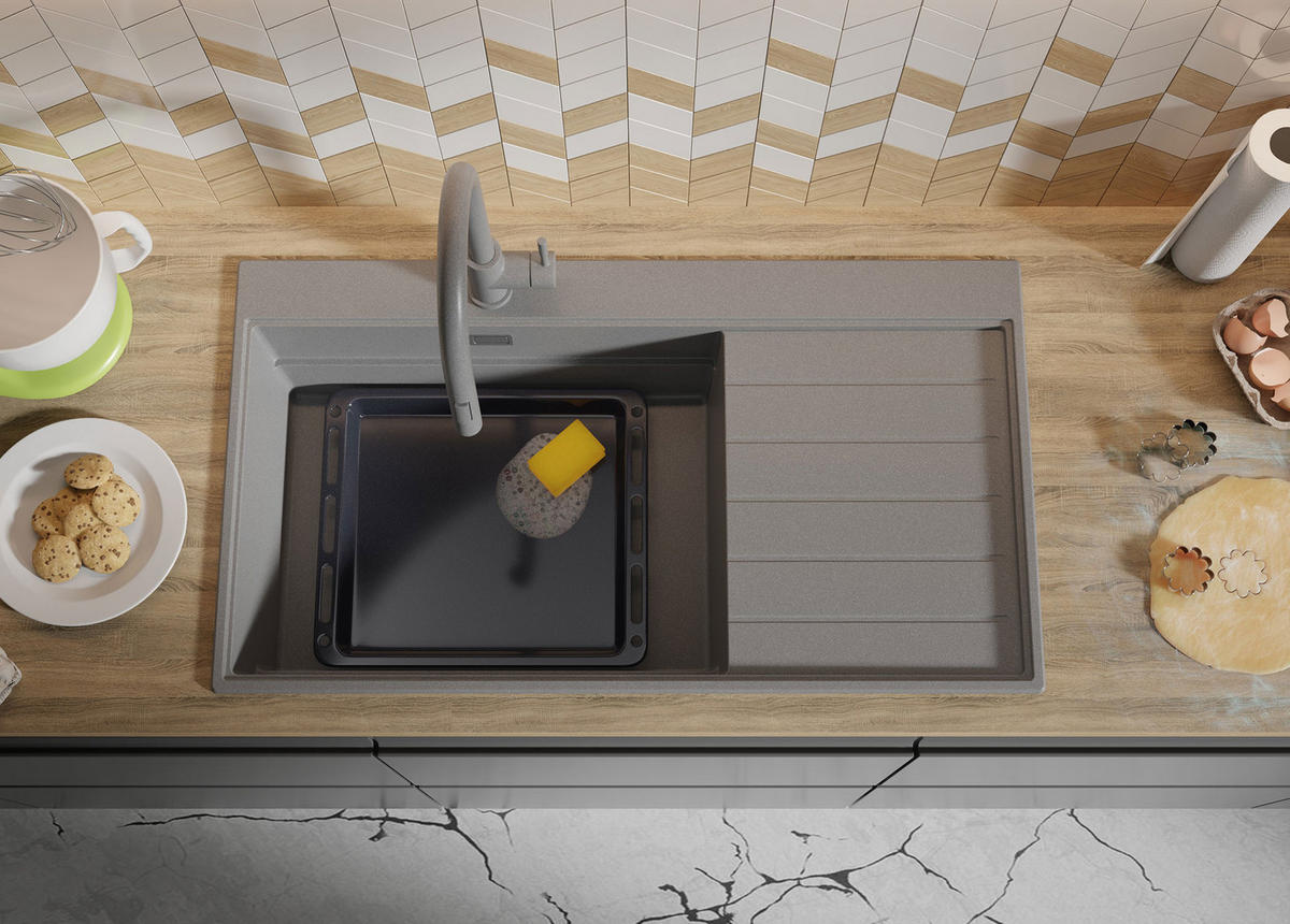 SPÜLBECKEN Sydney, 2-er set Grau 90/50 cm 1 Becken + Ablauf-Set + Küchenzubehörset ab 60er Unterschrank - Chromfarben/Beige, Kunststoff (90/20/50cm) - Primagran