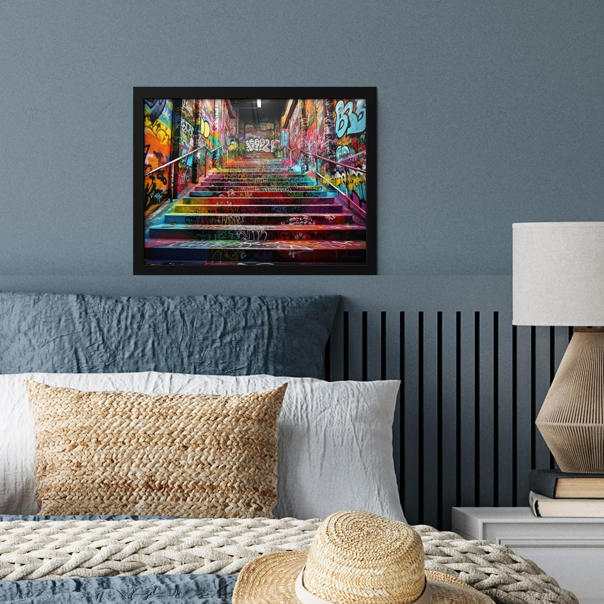 POSTER MIT RAHMEN Treppe - Graffiti - Farben - Kunst 40x30 cm - Multicolor, Papier (40/30cm) - MuchoWow