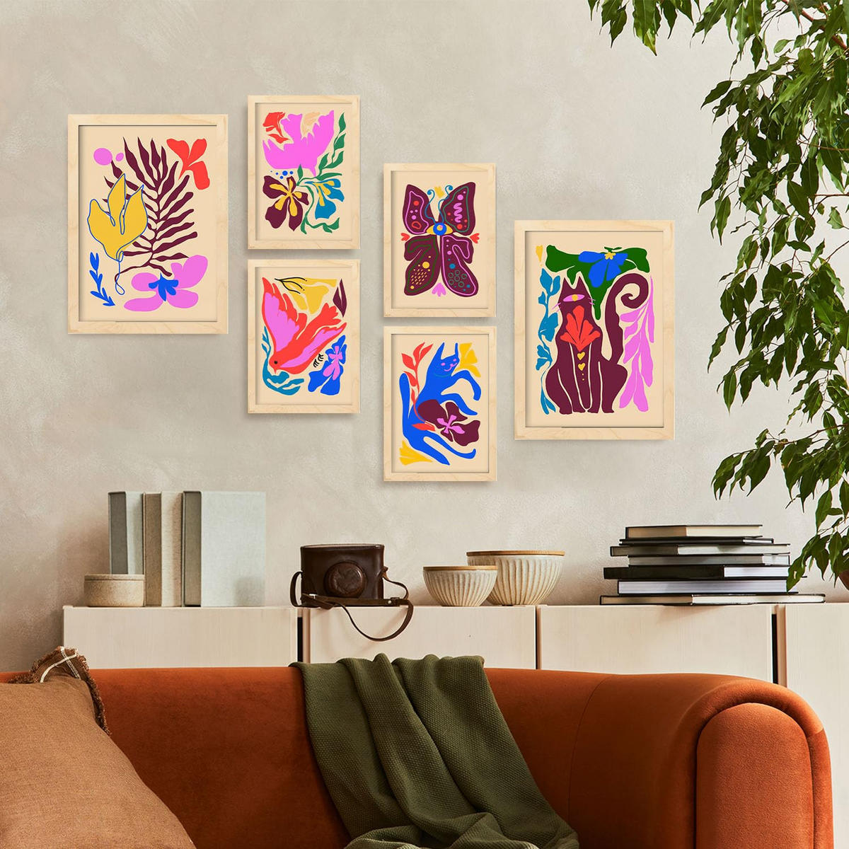 POSTER Set Mit 6 Malerische Tierästhetik Größe A3 & A4 Rahmen aus hellem Holz - Beige, Papier (29.7/1cm) - Nacnic