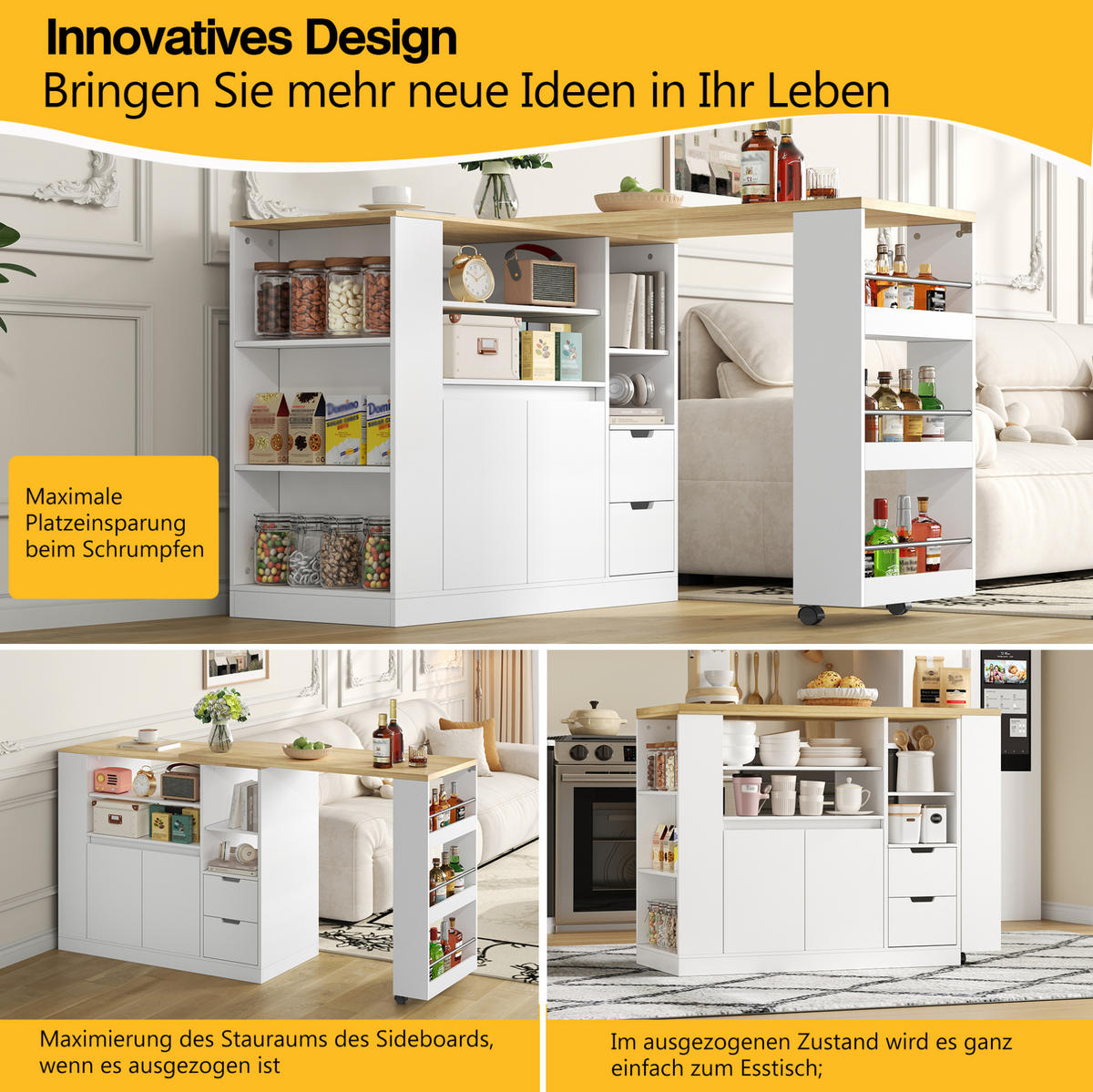 KÜCHENINSEL 115/50/92 cm aus MDF mit dreh- und ausziehbarer Arbeitsplatte Weiß/Natur - Weiß, Holzwerkstoff (115/92/50cm) - Modenvie