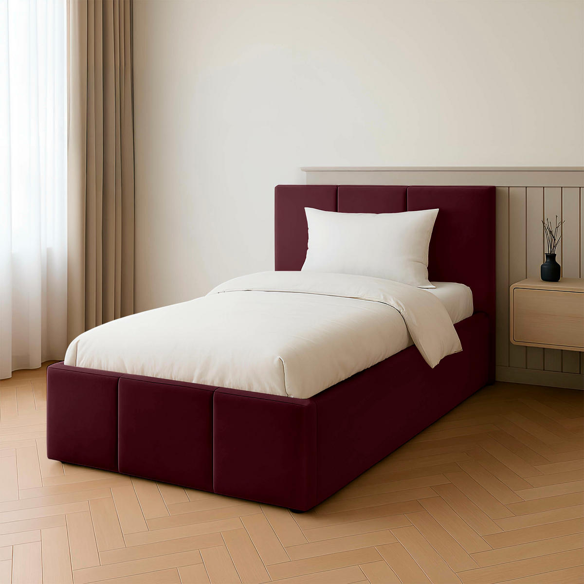 POLSTERBETT für Schlafzimmer Bett mit Stauraum Weinrot 90x200cm Kopfteil 110cm - Weinrot, Holzwerkstoff/Metall (90/200cm) - Muralo