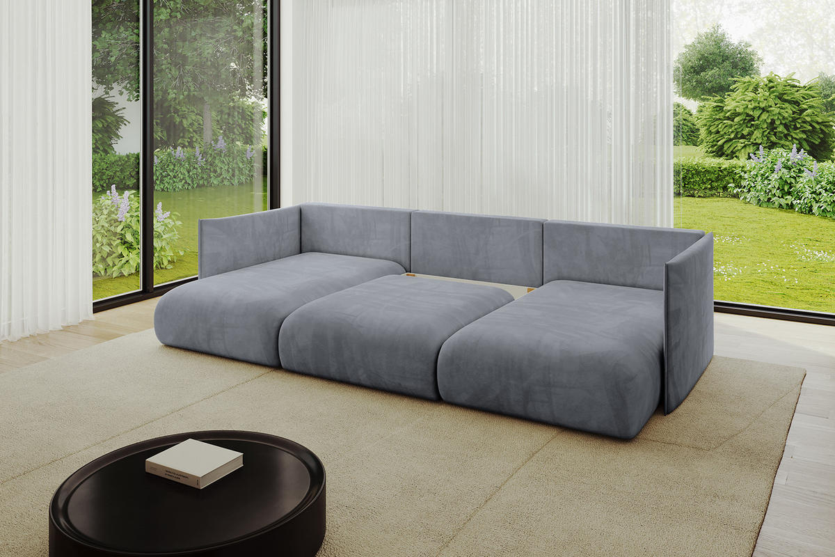 WOHNLANDSCHAFT mit Schlaffunktion und Bettkasten ONESK-U 304x165x40 Hellgrau Velours - Hellgrau, Holzwerkstoff/Kunststoff (304/90/165cm) - ALTDECOR