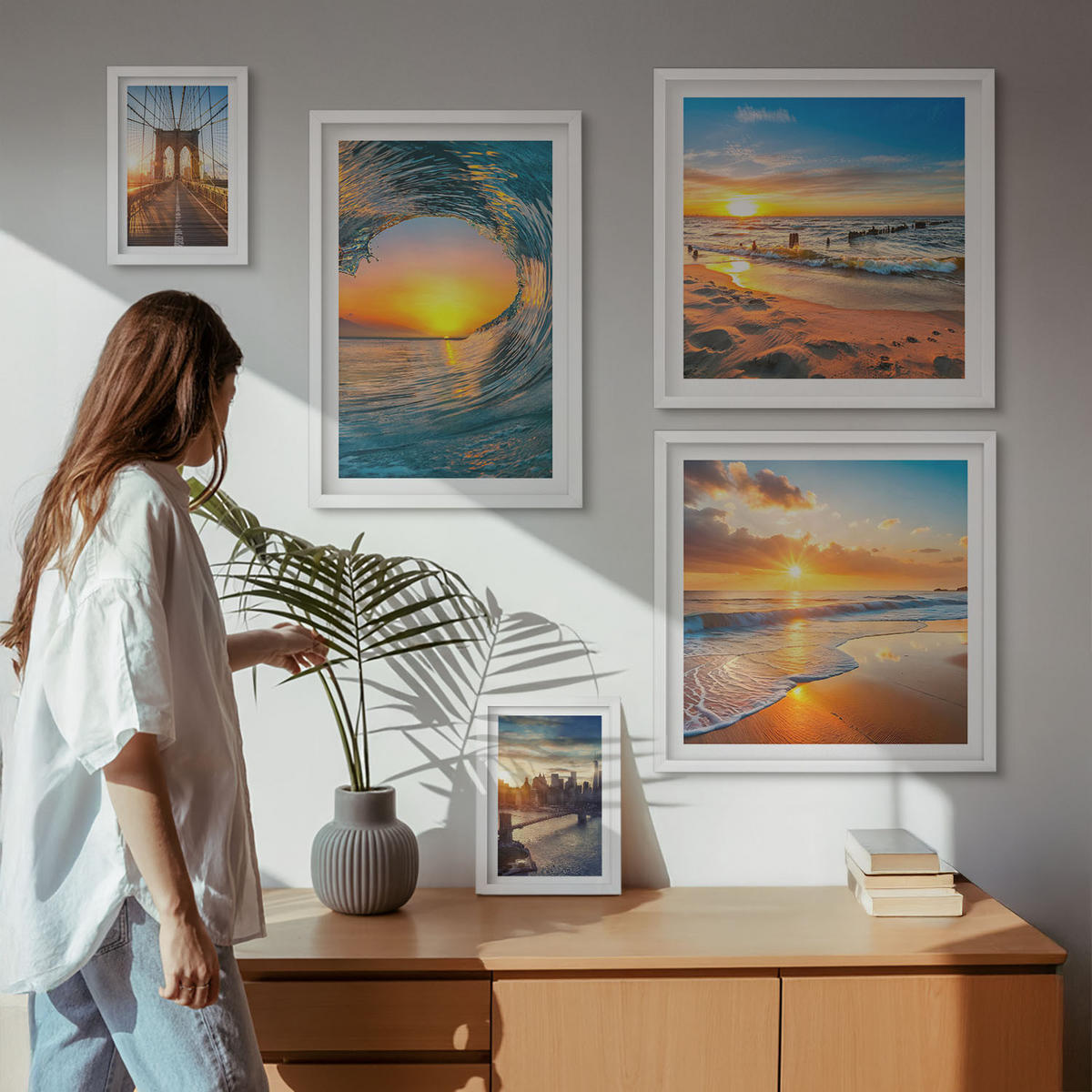 BILDER SET 5er Set - 50x50 cm & 20x30 cm & 40x60 cm Weißer Rahmen - Brücken, Sonnenuntergänge, Stadt - Weiß, Kunststoff (40/60cm) - TULUP