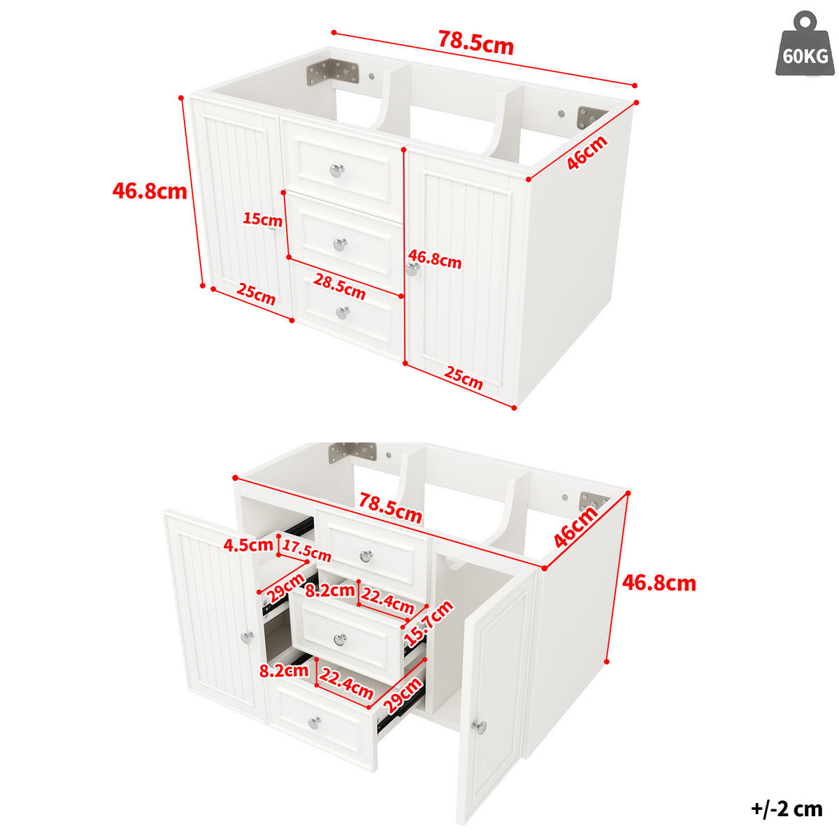 WASCHBECKENUNTERSCHRANK wandhängend 78,5 x 46 x 46,8 cm Weiß MDF - Weiß, Metall (46/46.8/78.5cm) - Beauniv