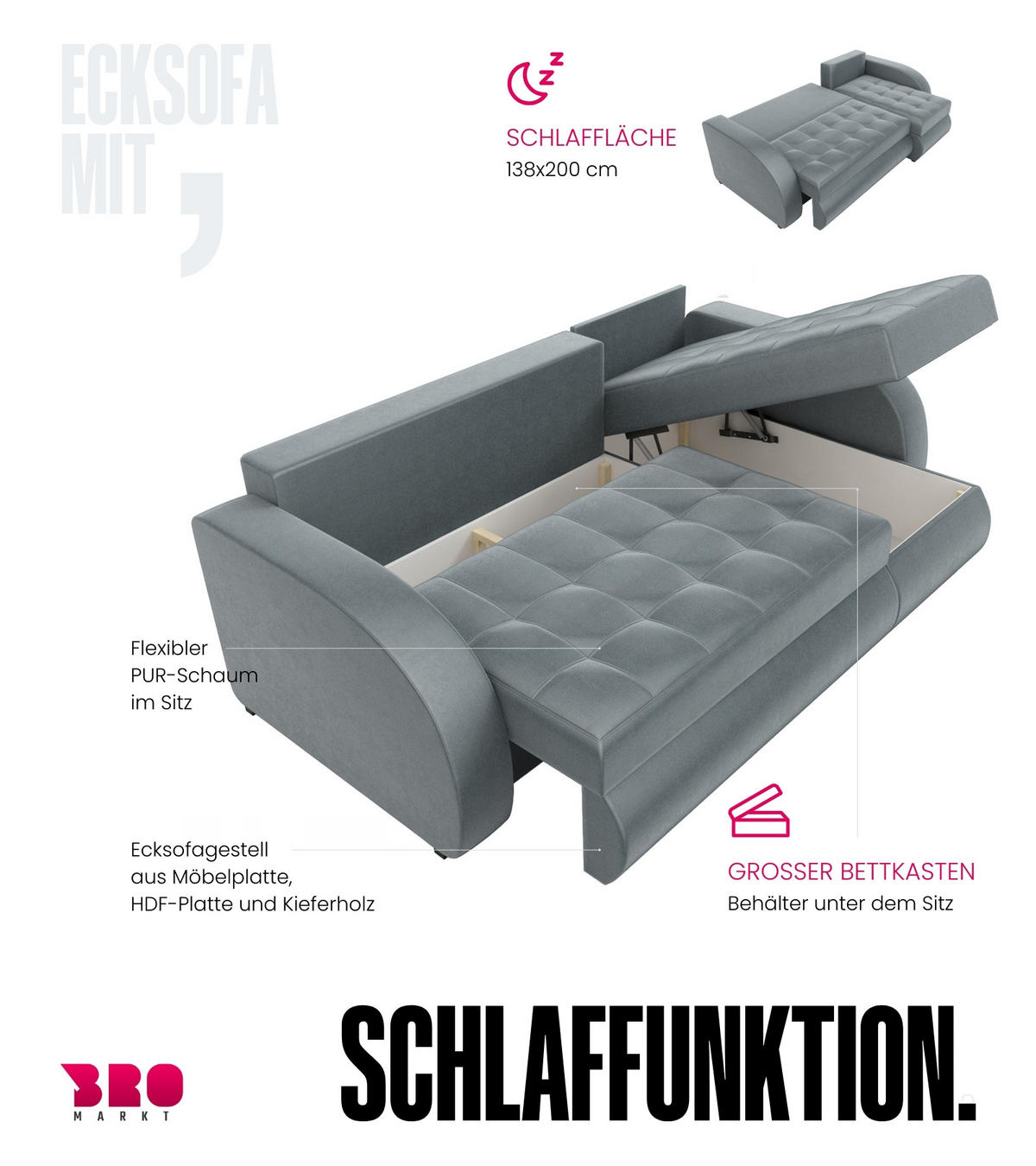 ECKSOFA Bergen mit Schlaffunktion Grau Samtstoff - Grau, Textil (238/141cm) - Bromarkt