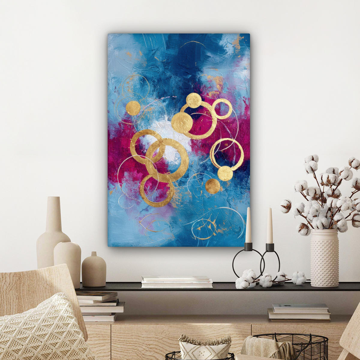 LEINWANDBILD Kreise - Gold - Abstrakt Wanddeko Schlafzimmer 60x90 cm - Blau, Textil (60/90cm) - MuchoWow