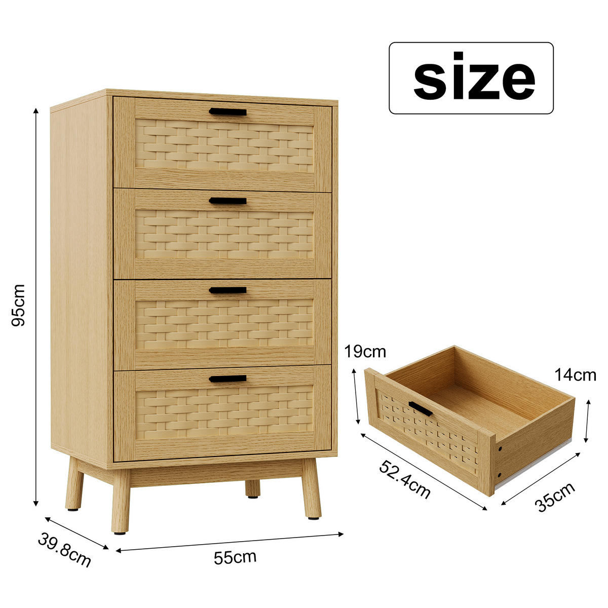 KOMMODE Japandi mit 4 Schubladen in Rattan-Optik 55/40/95 cm Eiche-Dekor - Eichefarben, Holzwerkstoff (55/95/39.8cm) - Creahappy