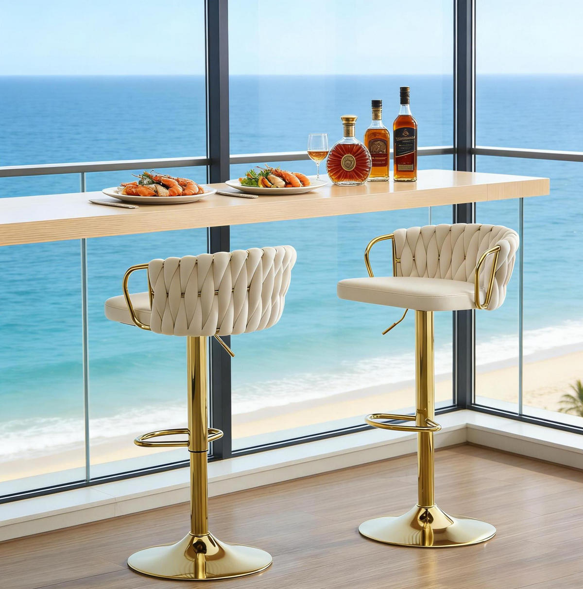 BARHOCKER 2er-Set höhenverstellbar drehbar Samt Cream White - Weiß, Metall (49.5/98/50.51cm) - Meubliv