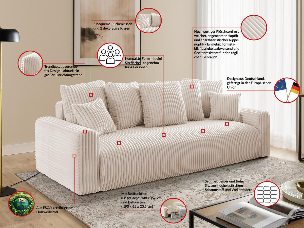 SCHLAFSOFA Calma mit Bettkasten im Bumpy-Design aus weichem Hellbeige Plüschcord - Beige/Schwarz, Holz/Kunststoff (239/88/98cm) - S-Style