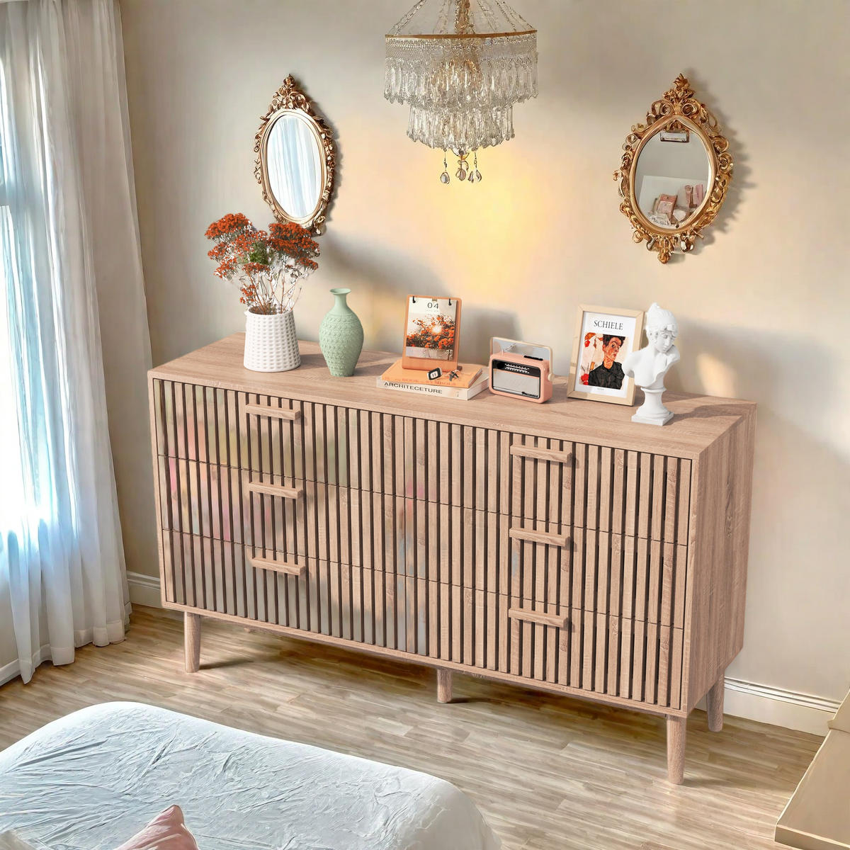 TRÄBYRÅ 6 lådor minimalistisk stor förvaringsvolym - Naturfärgad, Träbaserade material (34/73/100cm) - SHOPENTRA