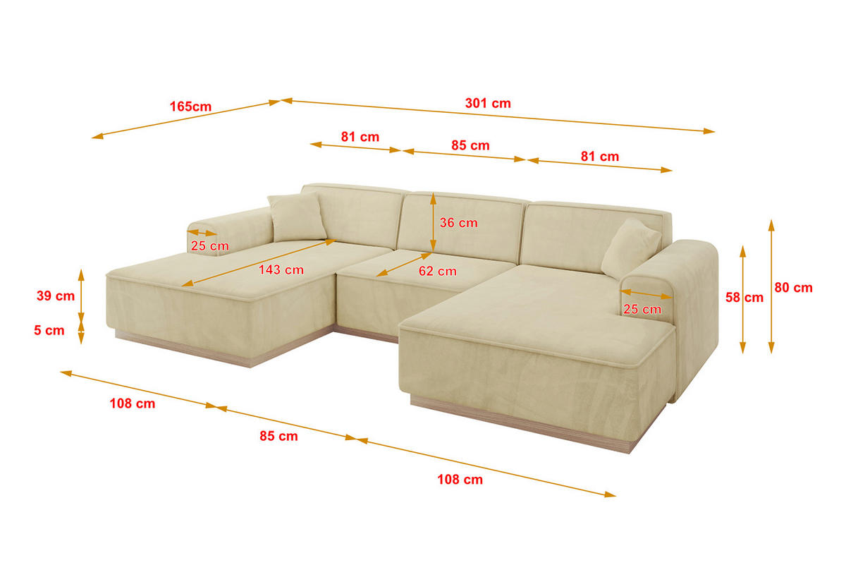 WOHNLANDSCHAFT IREA-U1 - 301x165x80 cm Beige - Taupe/Ecru, Holzwerkstoff/Textil (301/80/165cm) - ALTDECOR