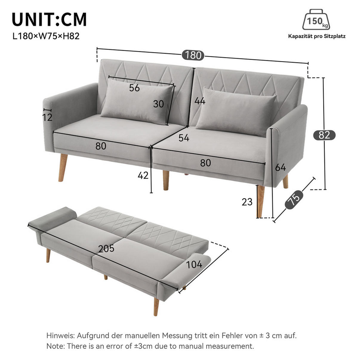SCHLAFSOFA 2-Sitzer Samtstoff Bettfunktion Kompakt Grau - Grau, Holz (81.99/25.48/44.98cm) - FLIEKS