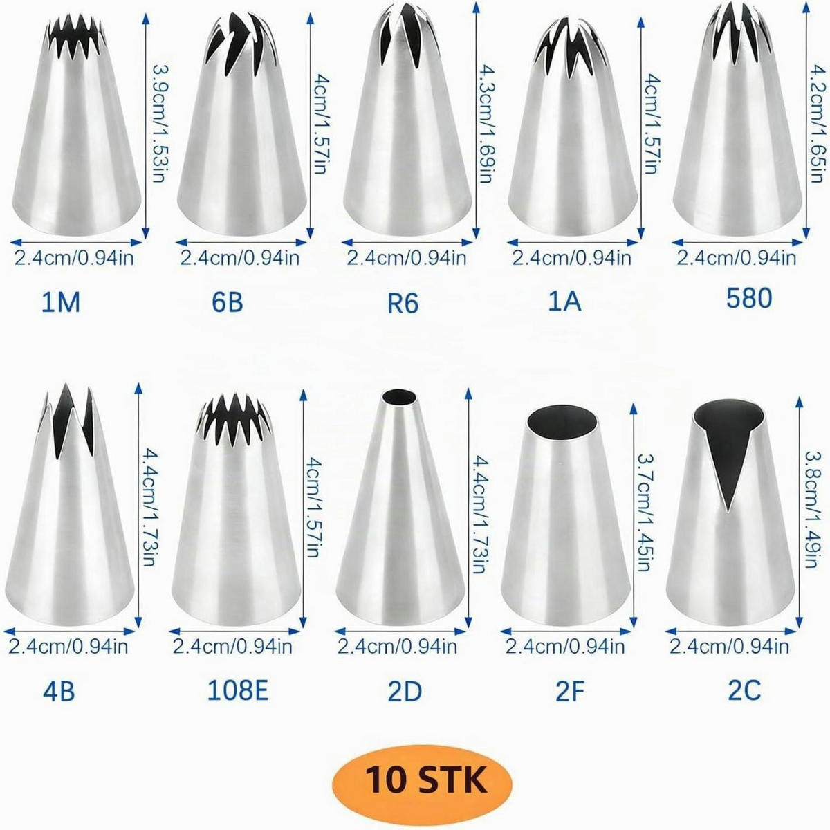 SPRITZTÜLLEN Set 10-teilig Edelstahl 304 für Kuchen und Cupcakes - Silberfarben, Metall (2.4/2.4/4.4cm)