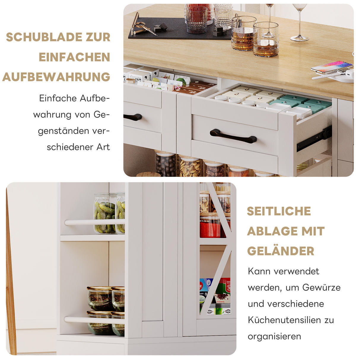 KÜCHENINSEL 120/40(65)/92 cm in Weiß/Natur mit Klapptisch und Stromanschlüssen - Weiß, Holzwerkstoff (120/92/65cm) - Flora Grace