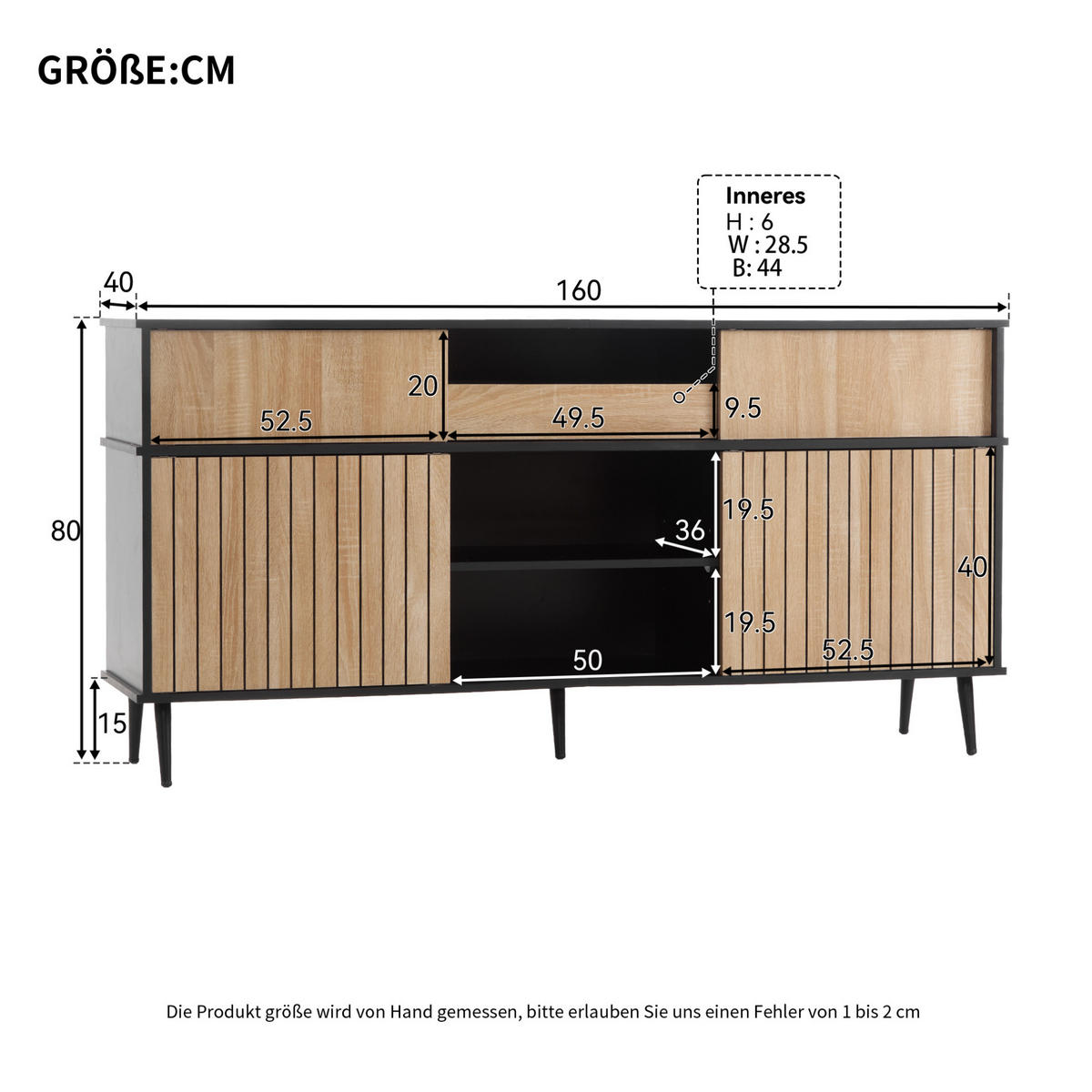 KOMMODE 160/80/40 cm Schwarz/Natur aus Spanplatte mit 4 Schiebetüren - Schwarz, Holzwerkstoff (40/80/160cm) - OKMYHOME