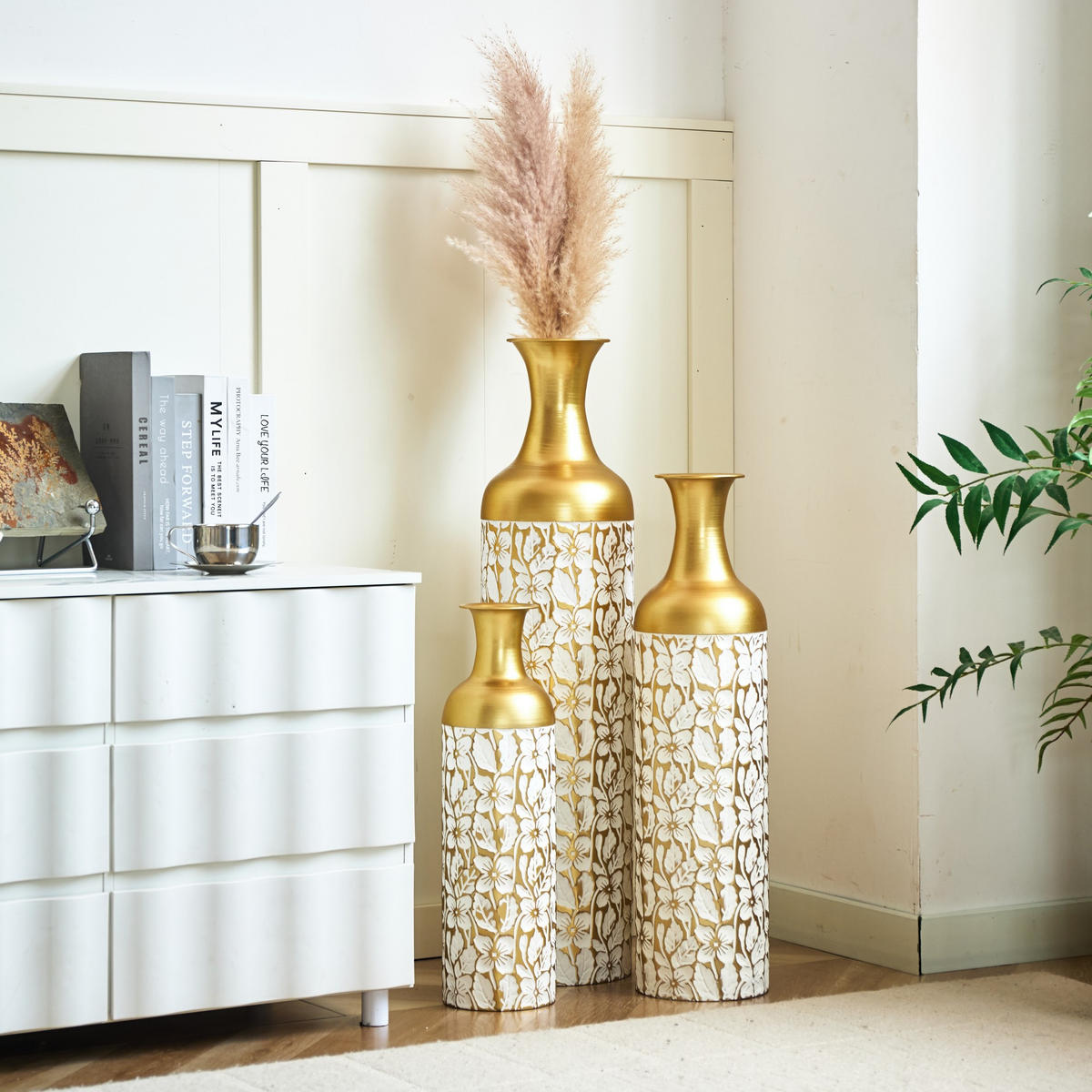 BODENVASE Metallvase,50/66/83 cm,3 tlg.Dekovase,Blume-Goldfarben - Goldfarben, Metall (83cm) - LVHOM