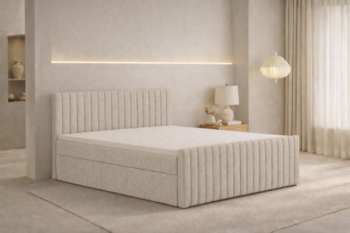 BOXBETT Mit Matratze Und Bettkasten, Chenille-Stoff Flow, Dunkelbeige, 160x200 cm, H2-Pocket, DEMETER - Sandfarben, Holz (160/200cm) - Kaiser Möbel