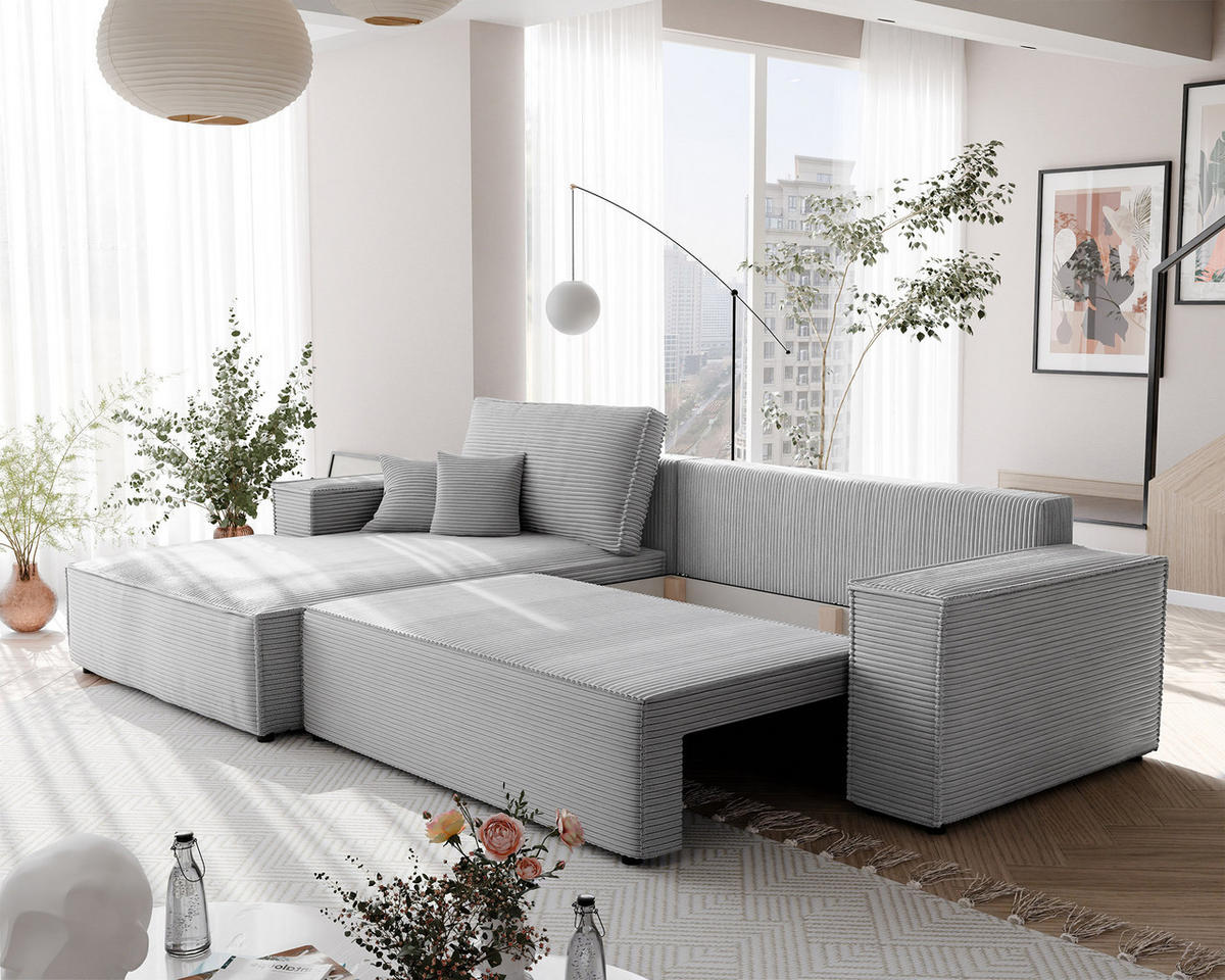 ECKSOFA NOVA mit Schlaffunktion und Bettkasten Hellgrau - Hellgrau, Holzwerkstoff/Kunststoff (250/90cm) - Idohome
