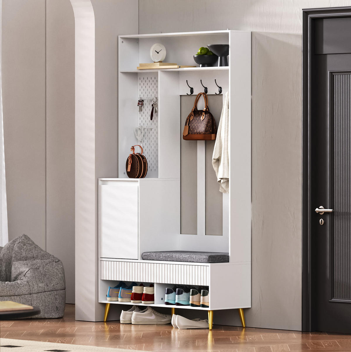 PREDSIEŇOVÁ zostava 100/35/180 cm biela z MDF s lavicou, 4 háčikmi, 2 zásuvkami a skrinkou - biela, kompozitné drevo (100/180/35cm) - OKWISH