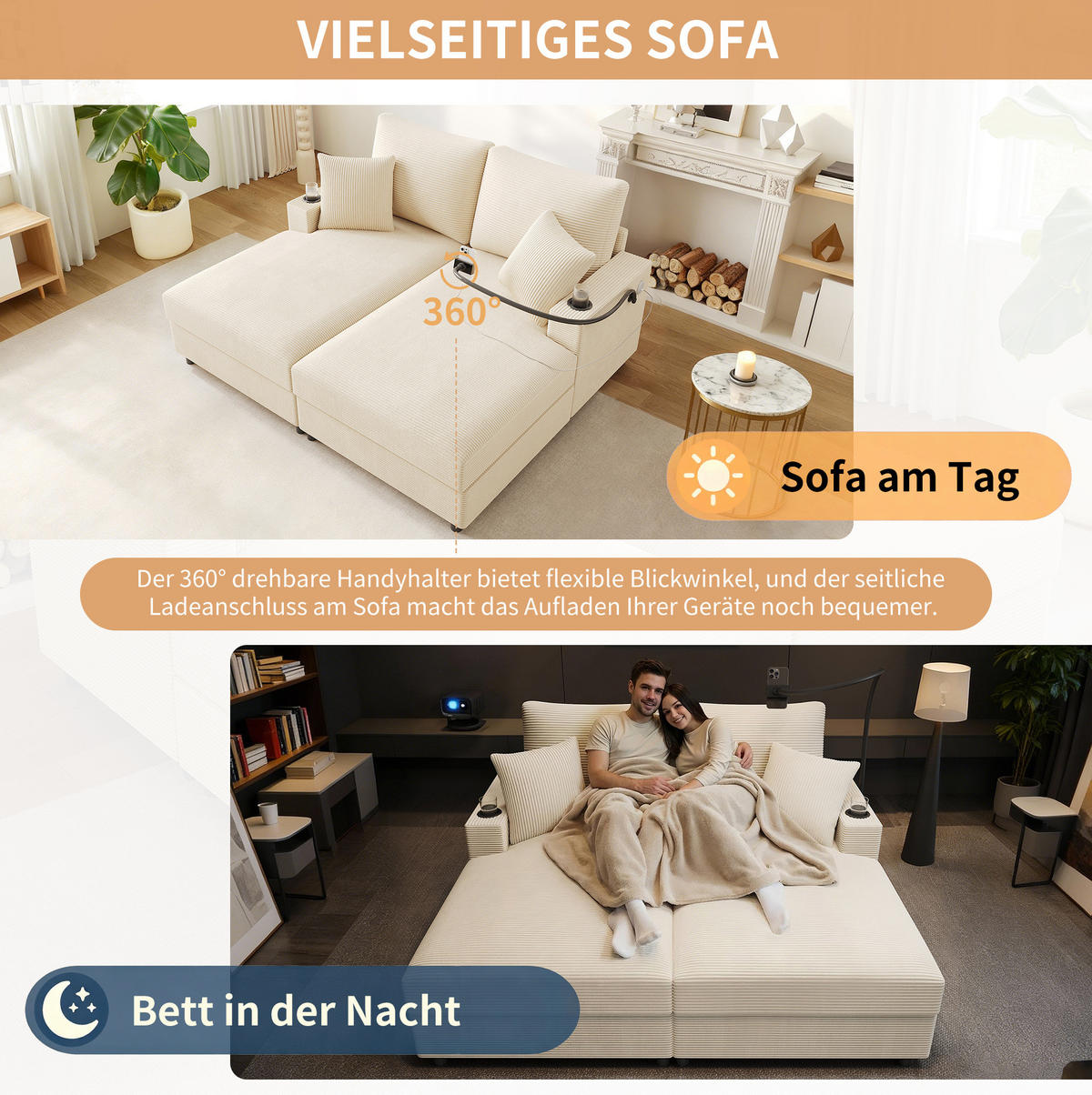 2-SITZER Schlafsofa Cord mit USB-Anschluss und Getränkehaltern Beige 163/140/82 cm - Beige, Textil (140/82/163cm) - Redom