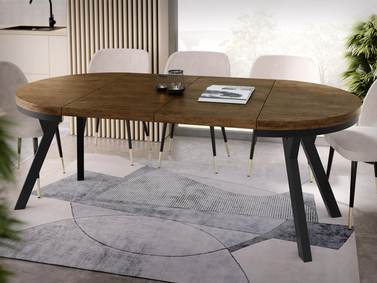 ESSTISCH Lume runder ausziehbarer, Lefkas Eiche 100-200/100/76 cm - Alteiche/Schwarz, Holz/Holzwerkstoff (100/100/76cm) - WFL GROUP