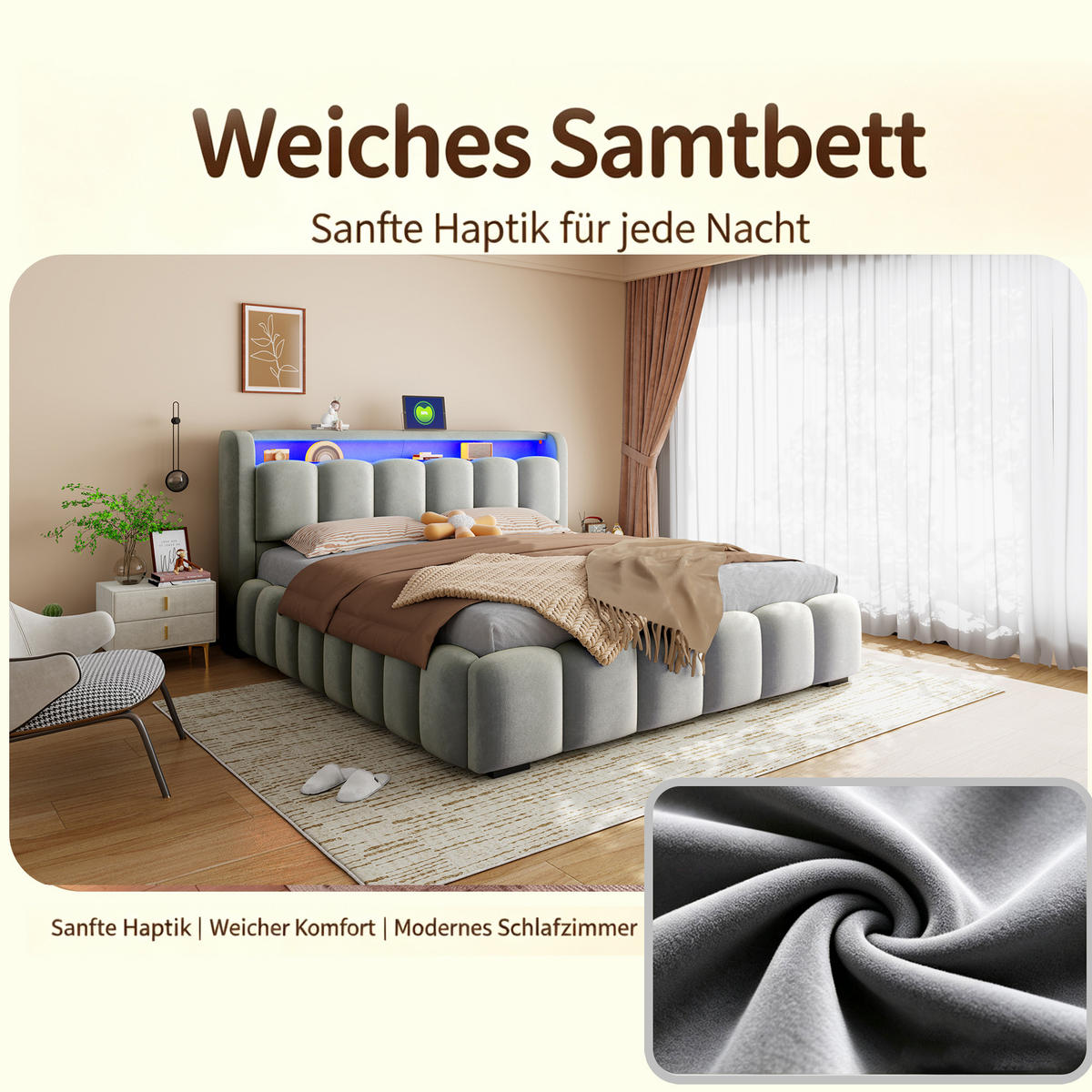 POLSTERBETT 180/200 mit LED/USB, Kopfteil Stauraum, Samt, Grau - Grau, Holz (180/200cm) - LVHOM