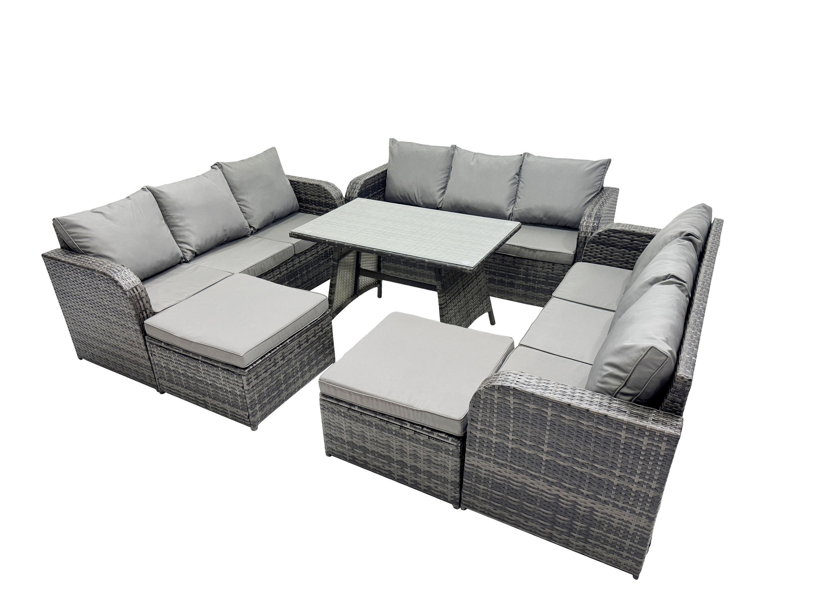 GARTENMÖBELSET mit ESSTISCH,SOFA Polyrattan 11-Sitzer - Dunkelgrau/Grau, Glas/Kunststoff - Fimous