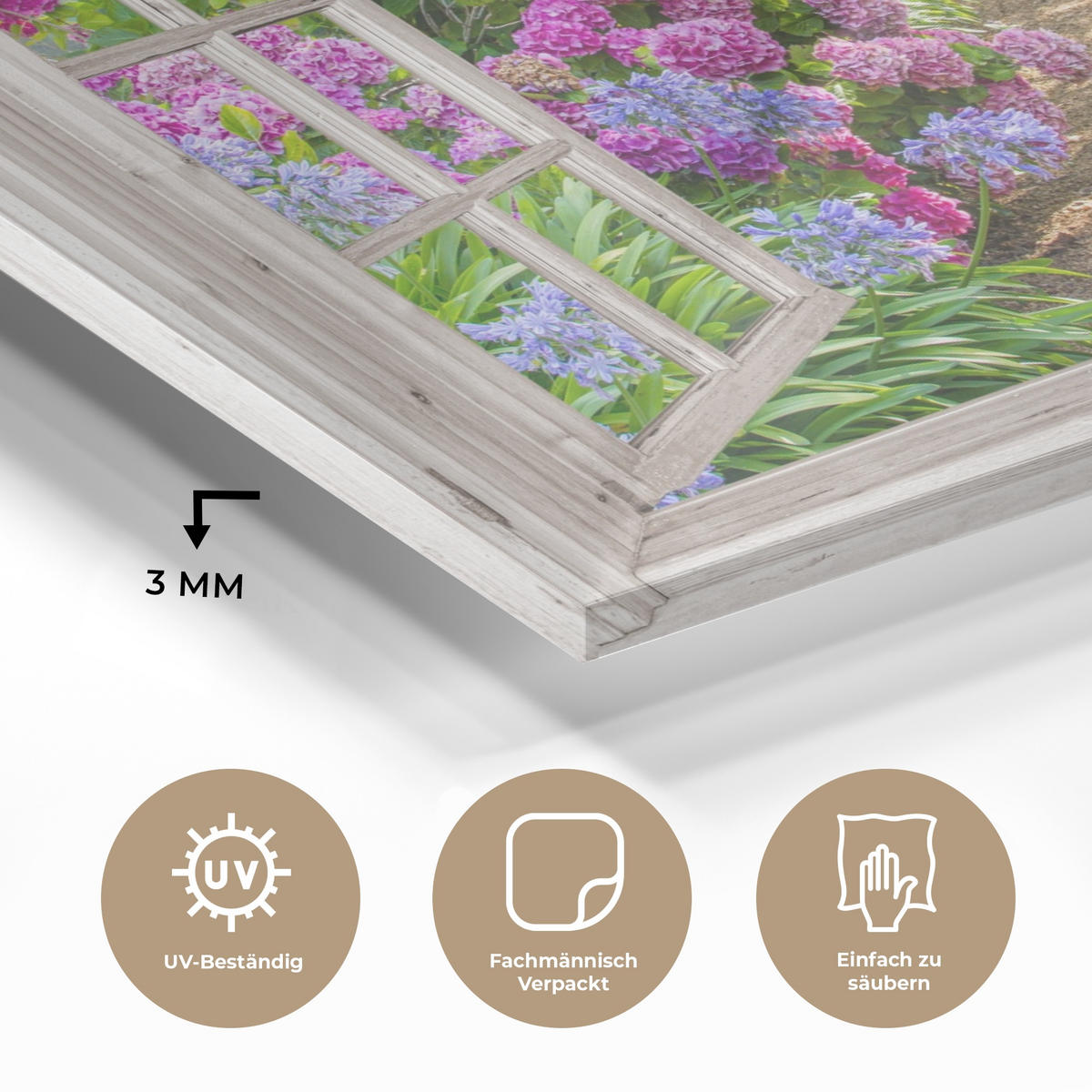 ACRYLGLASBILD Hortensie - Fensterblick - Blumen - Sommer - Lila - Weg 60x40 cm - Lila, Glas (60/40cm) - MuchoWow