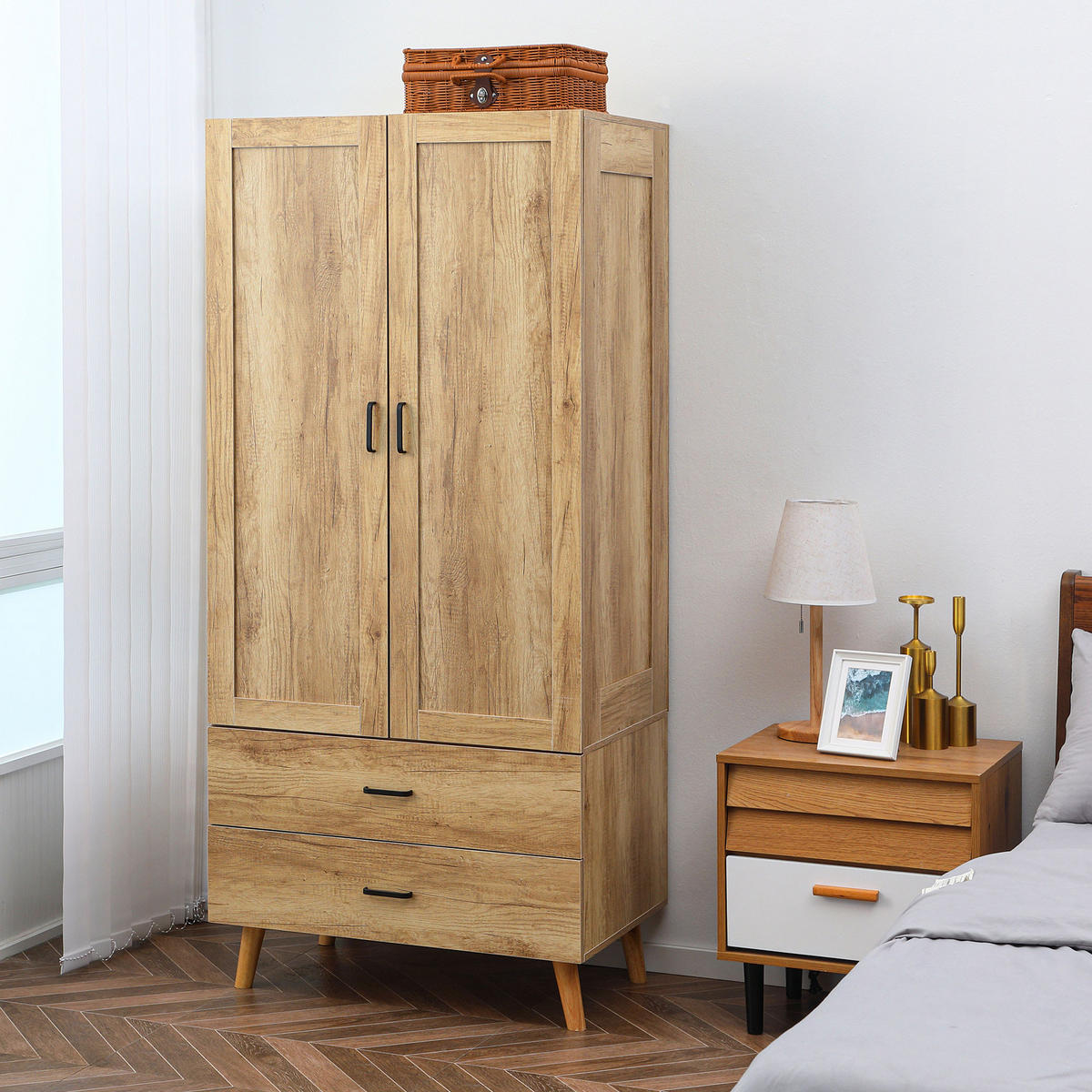 KLEIDERSCHRANK DE-17167 2 Türen & 2 Schubladen mit Kleiderstange Natur - Naturfarben, Holzwerkstoff (54/180/80cm) - ComfortXL