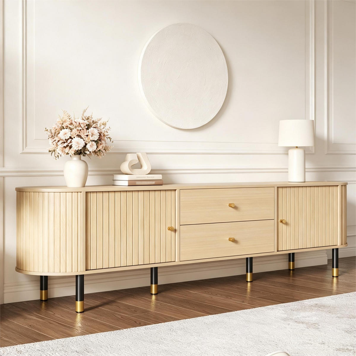 TV-ELEMENT180X40X58CM mit Schiebetüren und Schubladen in Naturfarbenholzoptik - Naturfarben, Holz (46.51/18.01/75.79cm) - Raelunyi