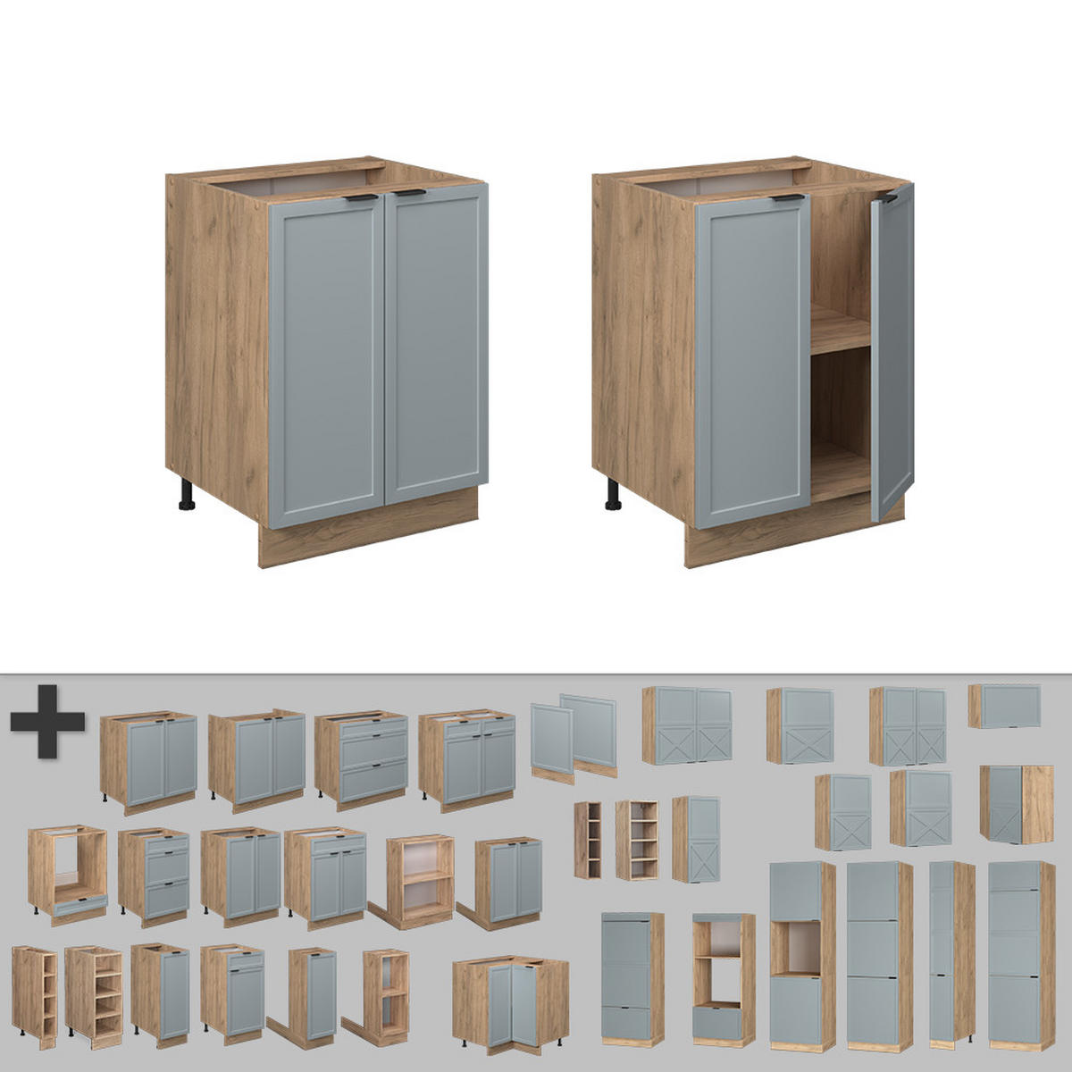 KÜCHENUNTERSCHRANK Fame-Line Hellblau-grau 60 cm, AP Anthrazit - Honigeiche/Eiche Wotan, Holzwerkstoff (60/82/60cm) - Vicco